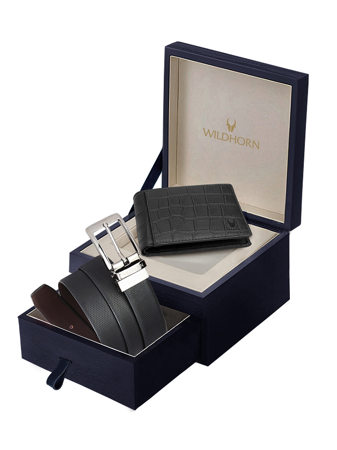 WildHorn | WildHorn Formal Black Reversible Leather Belt & Wallet Combo Gift Hamper for Men