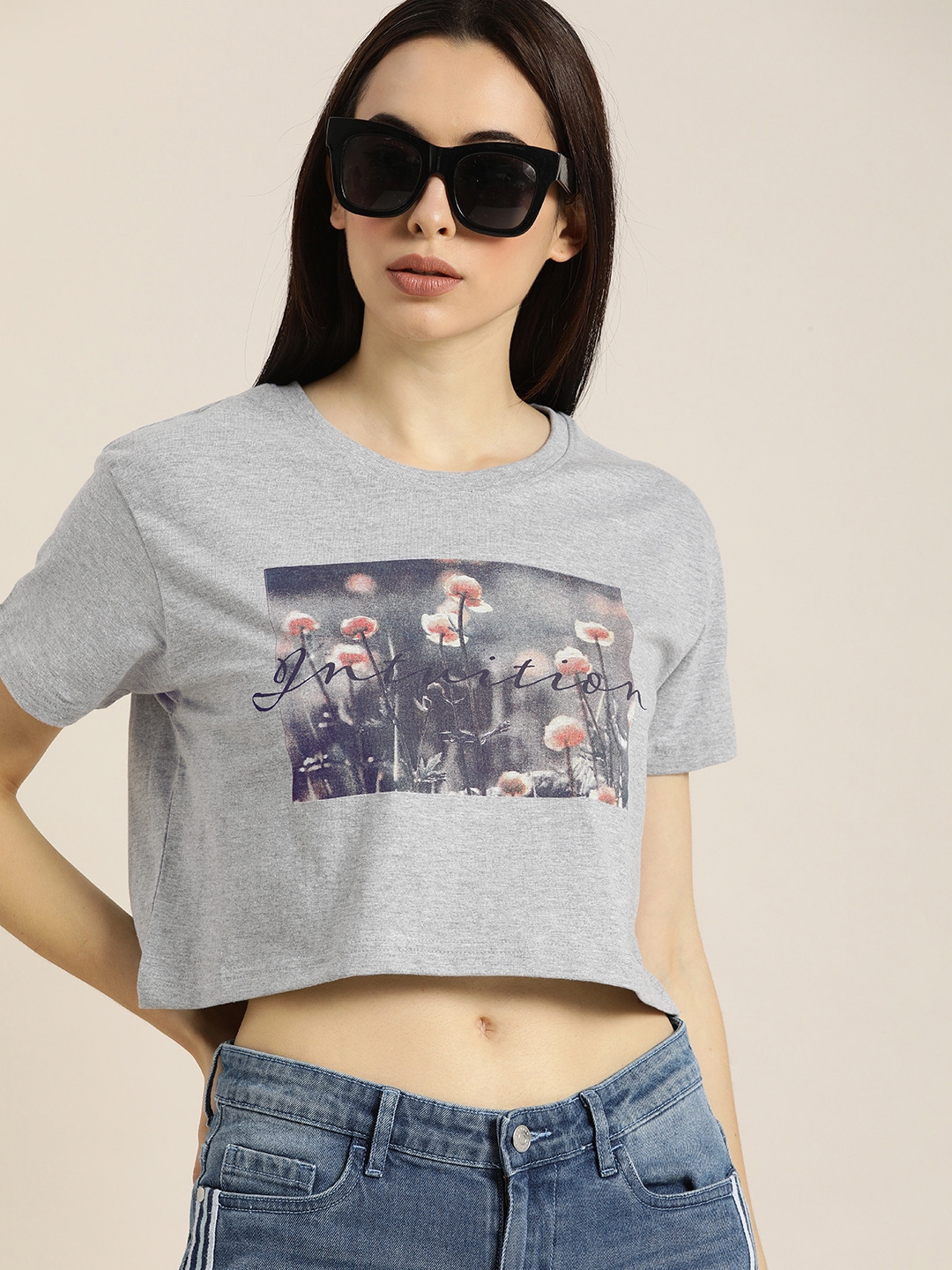 Dillinger | Dillinger Women Grey Boxy Crop Printed T-Shirt