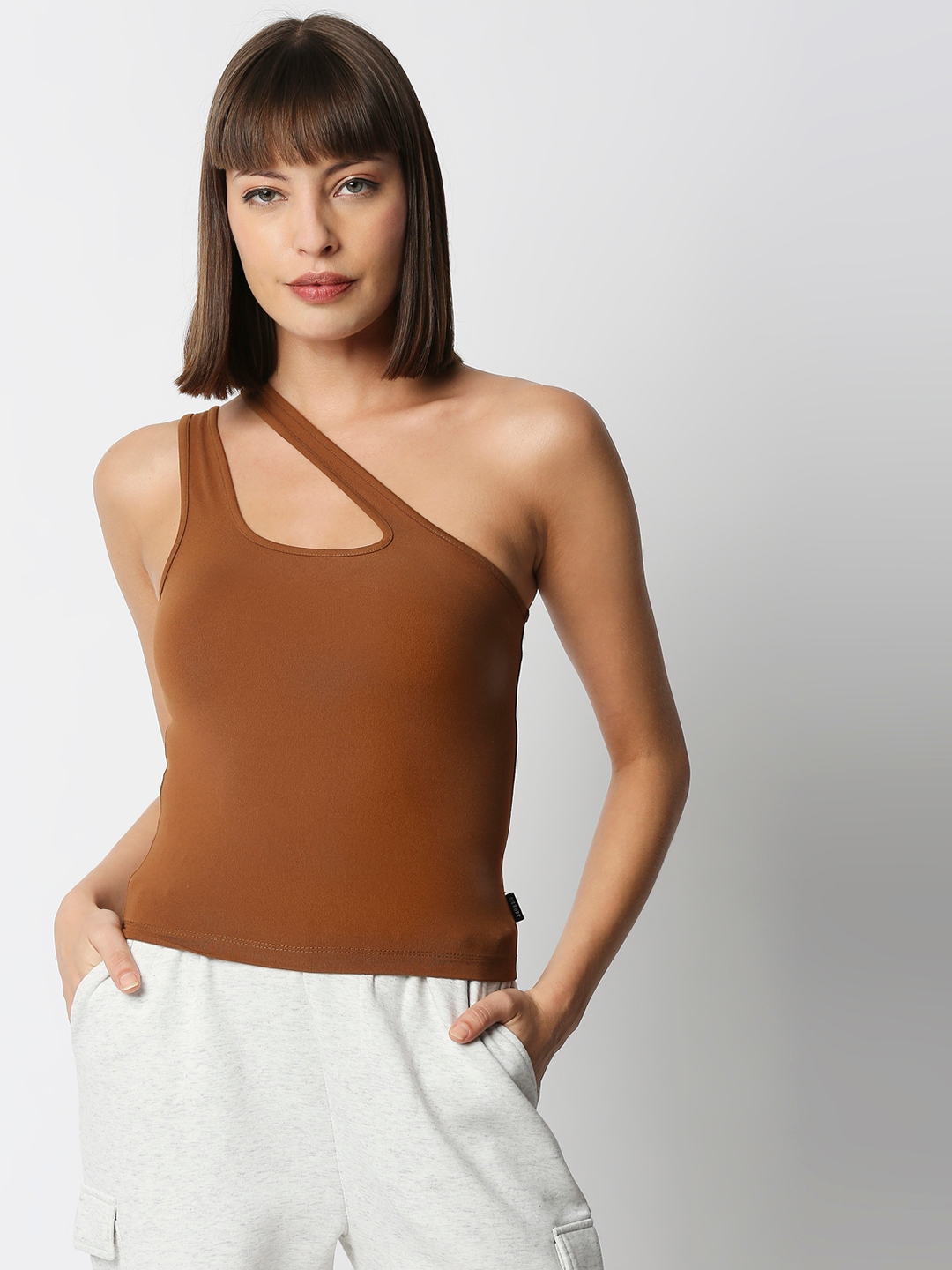 DISRUPT | Disrupt Women Brown One-Shoulder Cut-Out Square Neck Slim Crop Top