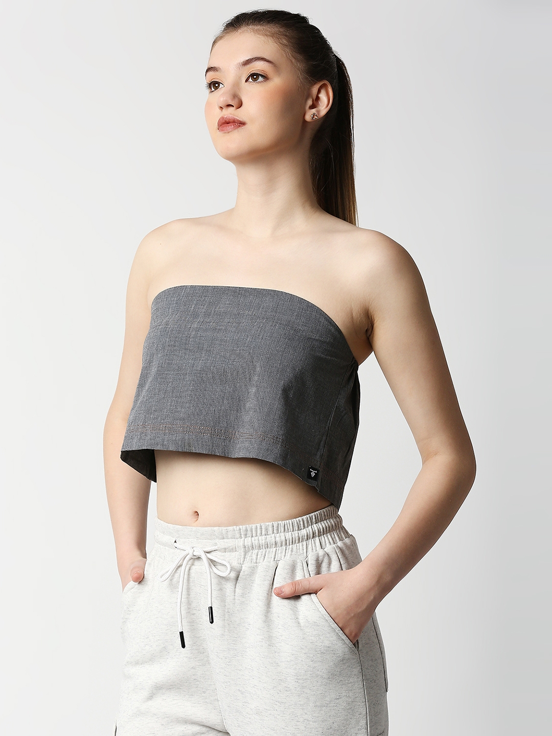 DISRUPT | Disrupt Women Grey Slim Fit Tube Crop Top In Woven