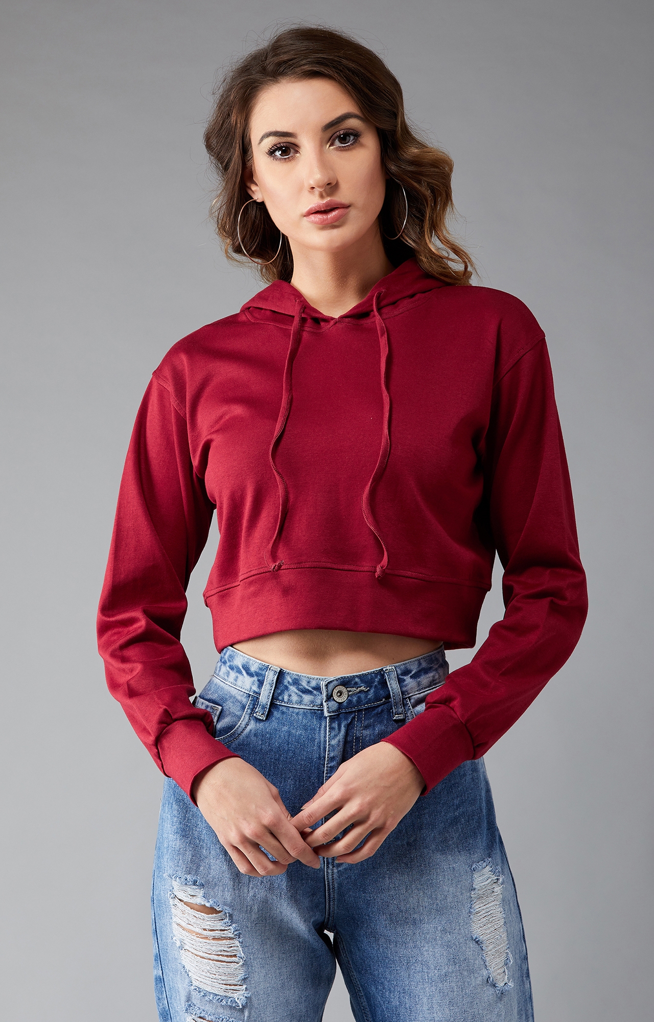 Dolce Crudo | Women's Maroon Solid Round Neck Full Sleeve Hooded Boxy Crop Sweatshirt