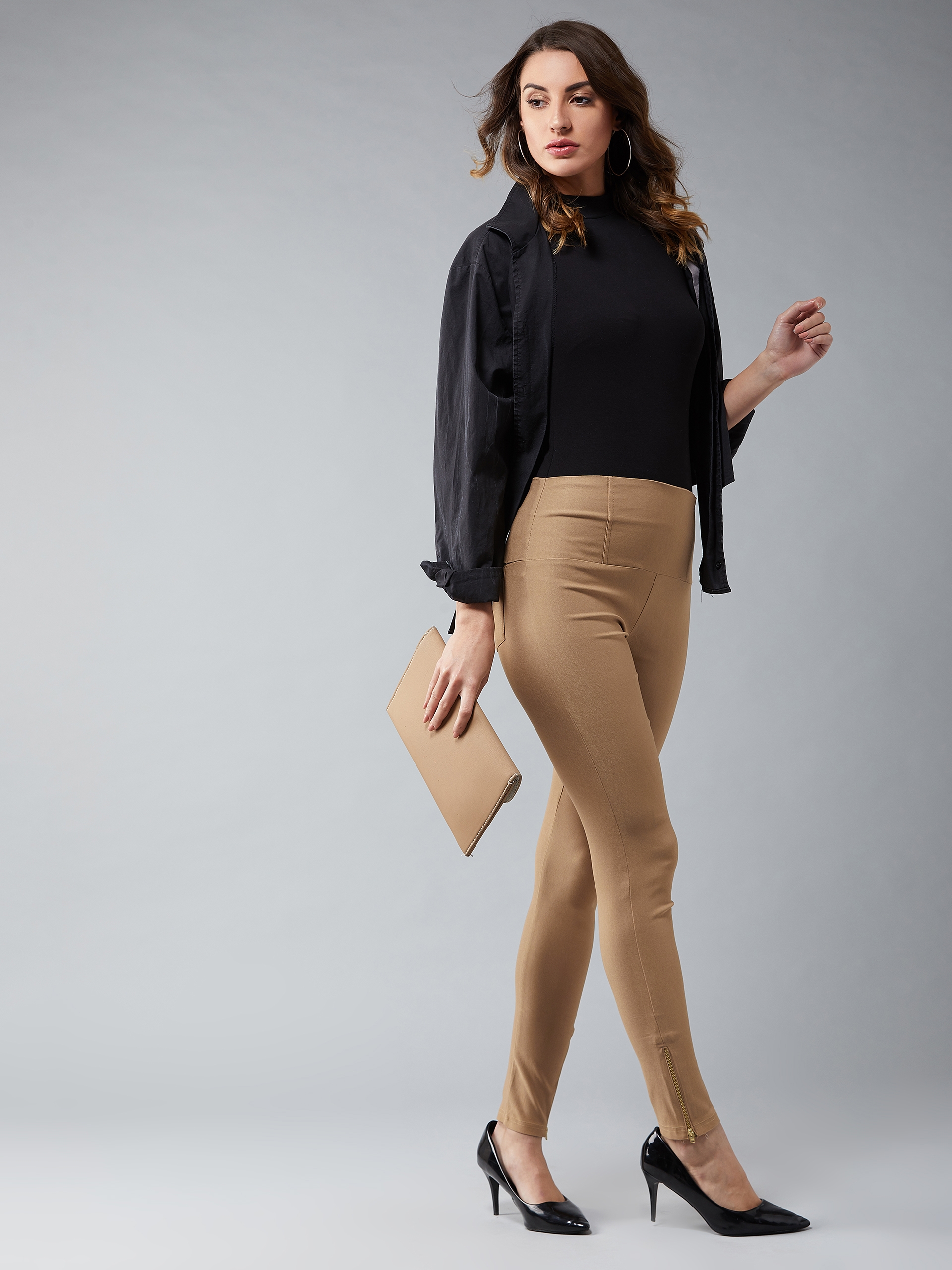 Women's Beige Solid Zipper Detailing Skinny Regular Length High Waist Treggings