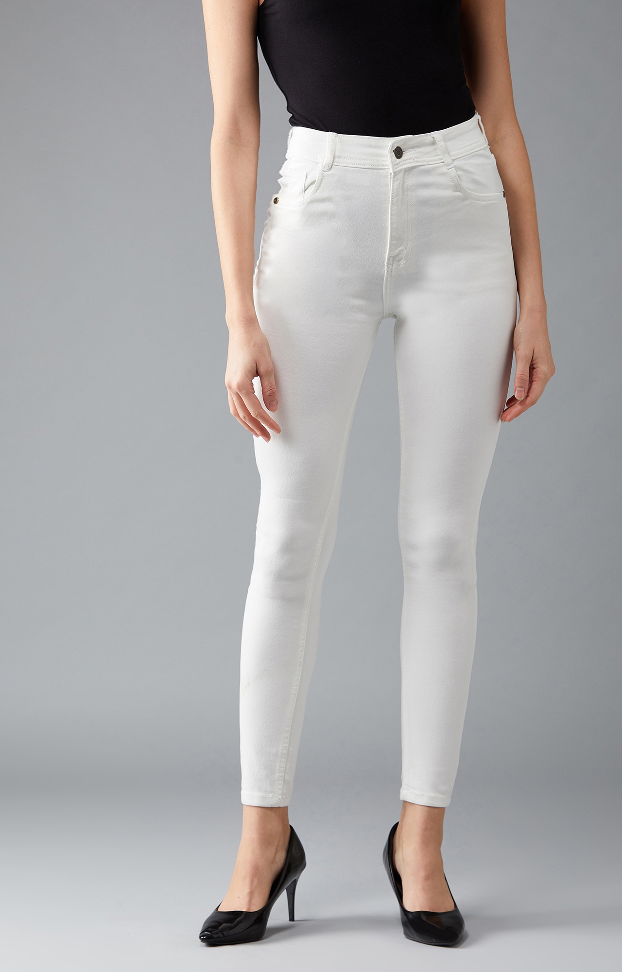 Dolce Crudo | Women's White Skinny High Rise Clean Look Bleached Regular Length Stretchable Denim Jeans