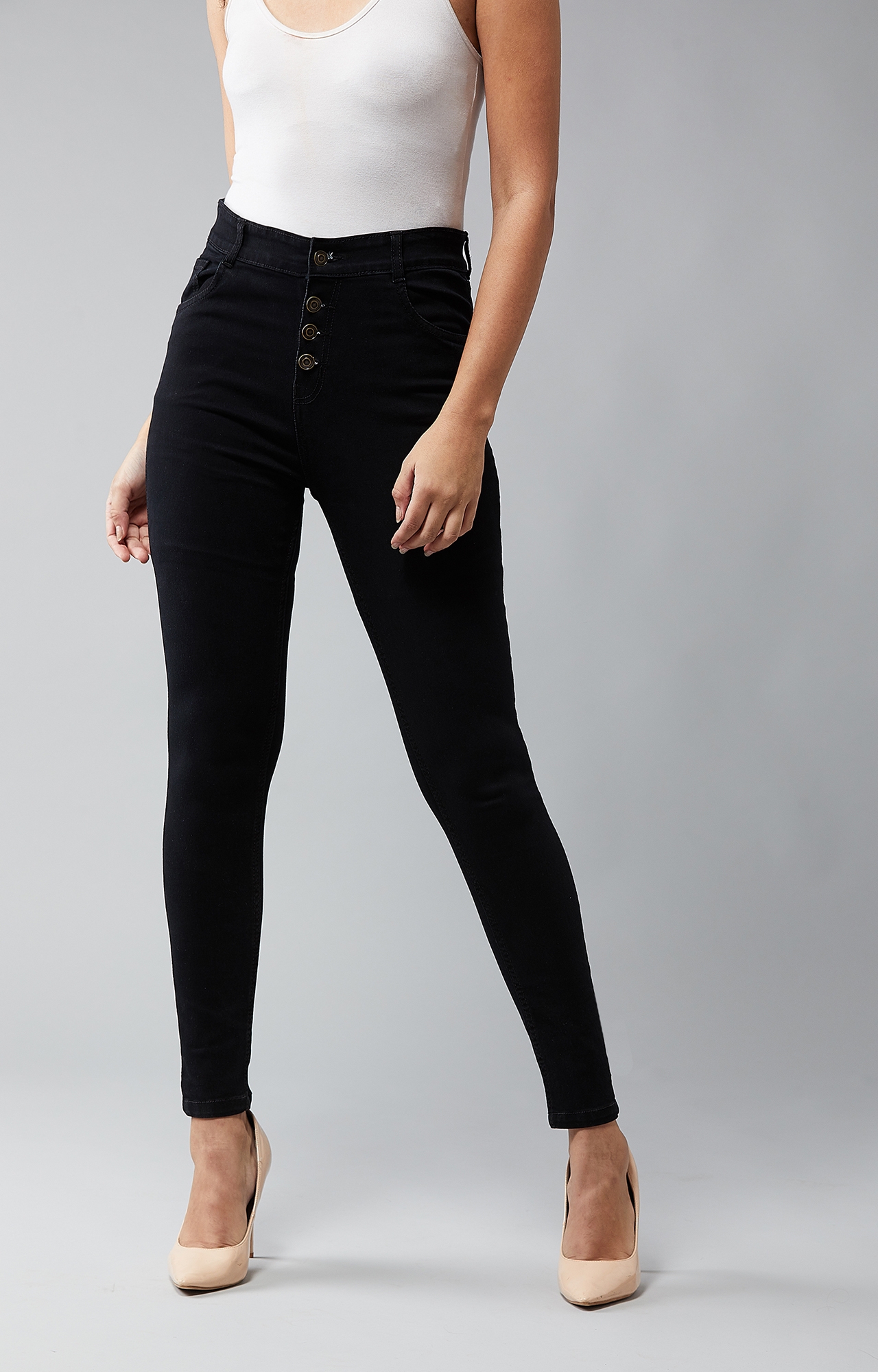 Dolce Crudo | Women's Black Skinny Fit High Rise Clean Look Regular Length Stretchable Denim Jeans