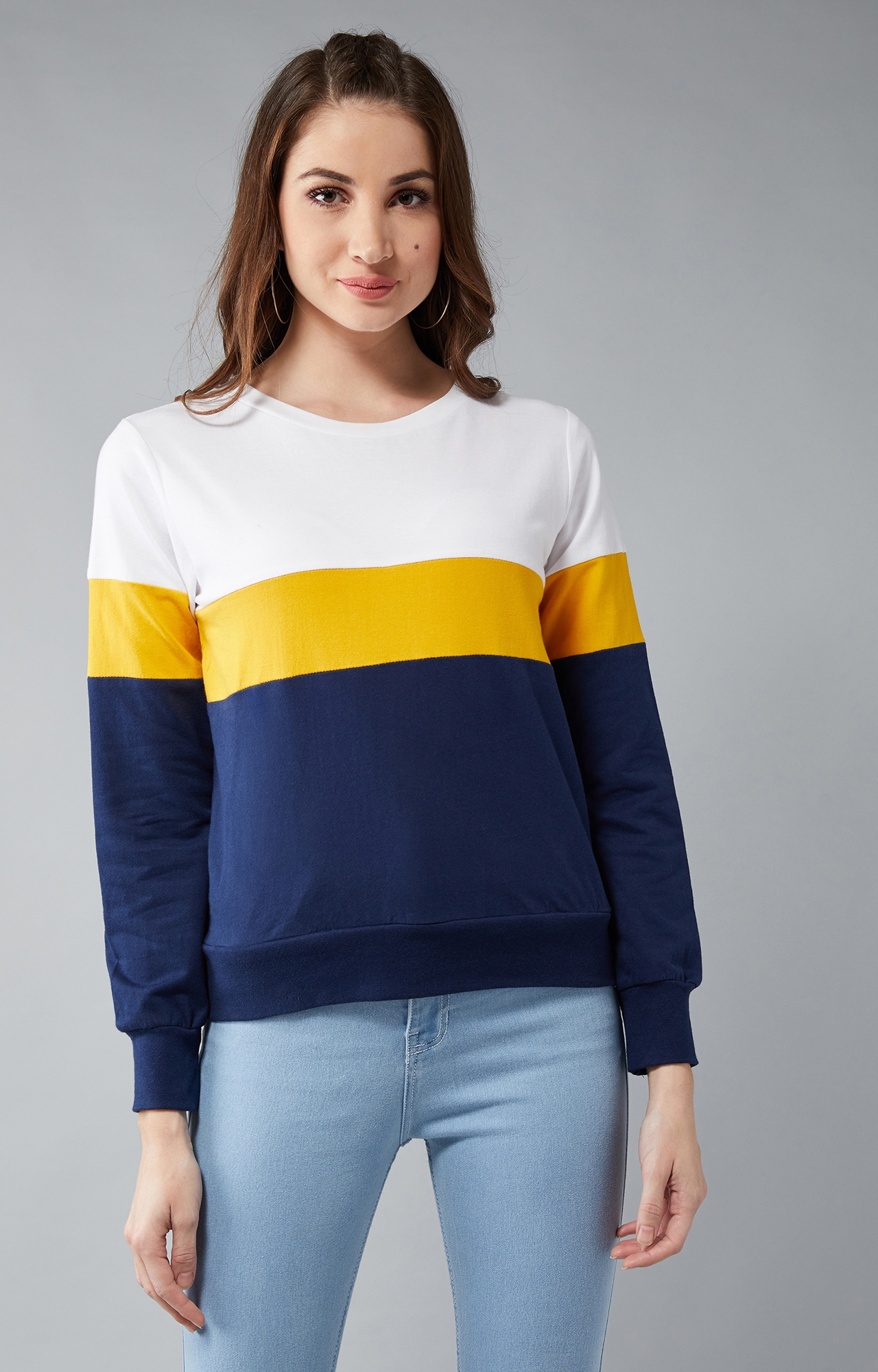 Dolce Crudo | Women's Multicolored With A Navy Blue Base Round Neck Full Sleeves Cotton Solid Colorblock Paneled Boxy Sweatshirt