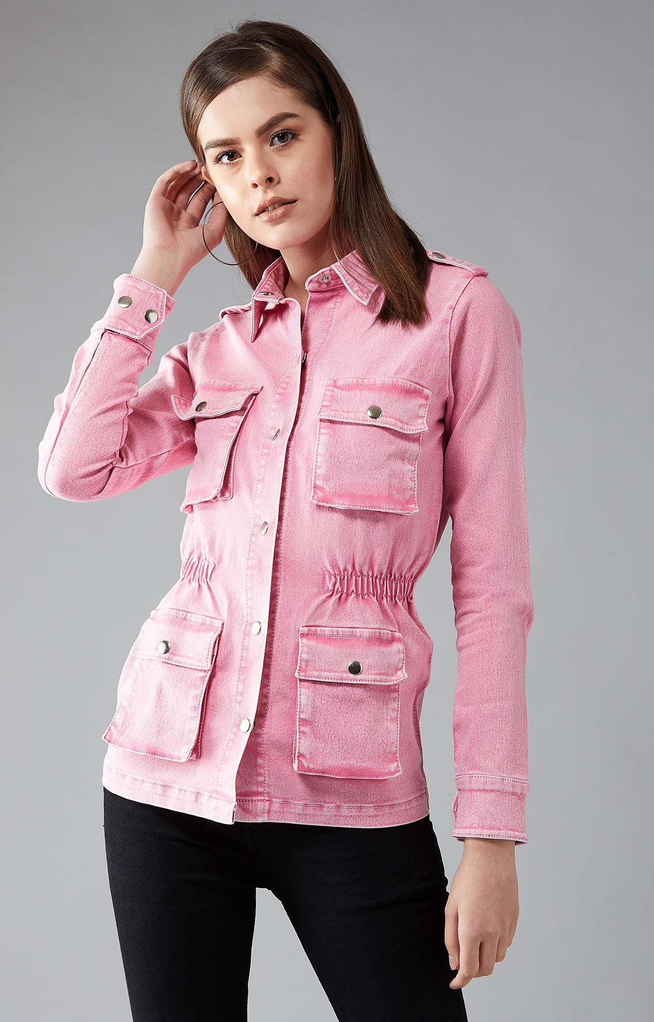 Women's Pink Polo Neck Full Sleeves Denim Solid Regular Length Jacket