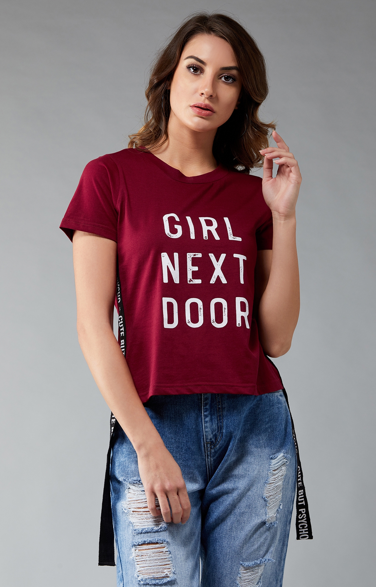 Women's Maroon Round Neck Short Sleeve Printed Basic Crop T-Shirt