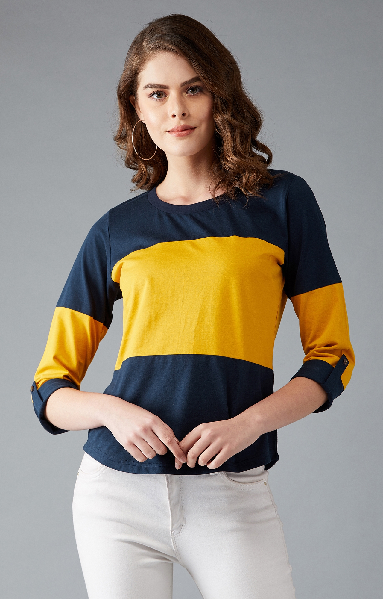 Women's Navy Blue and Mustard Round Neck Full Sleeve Solid Paneled Regular T-Shirt