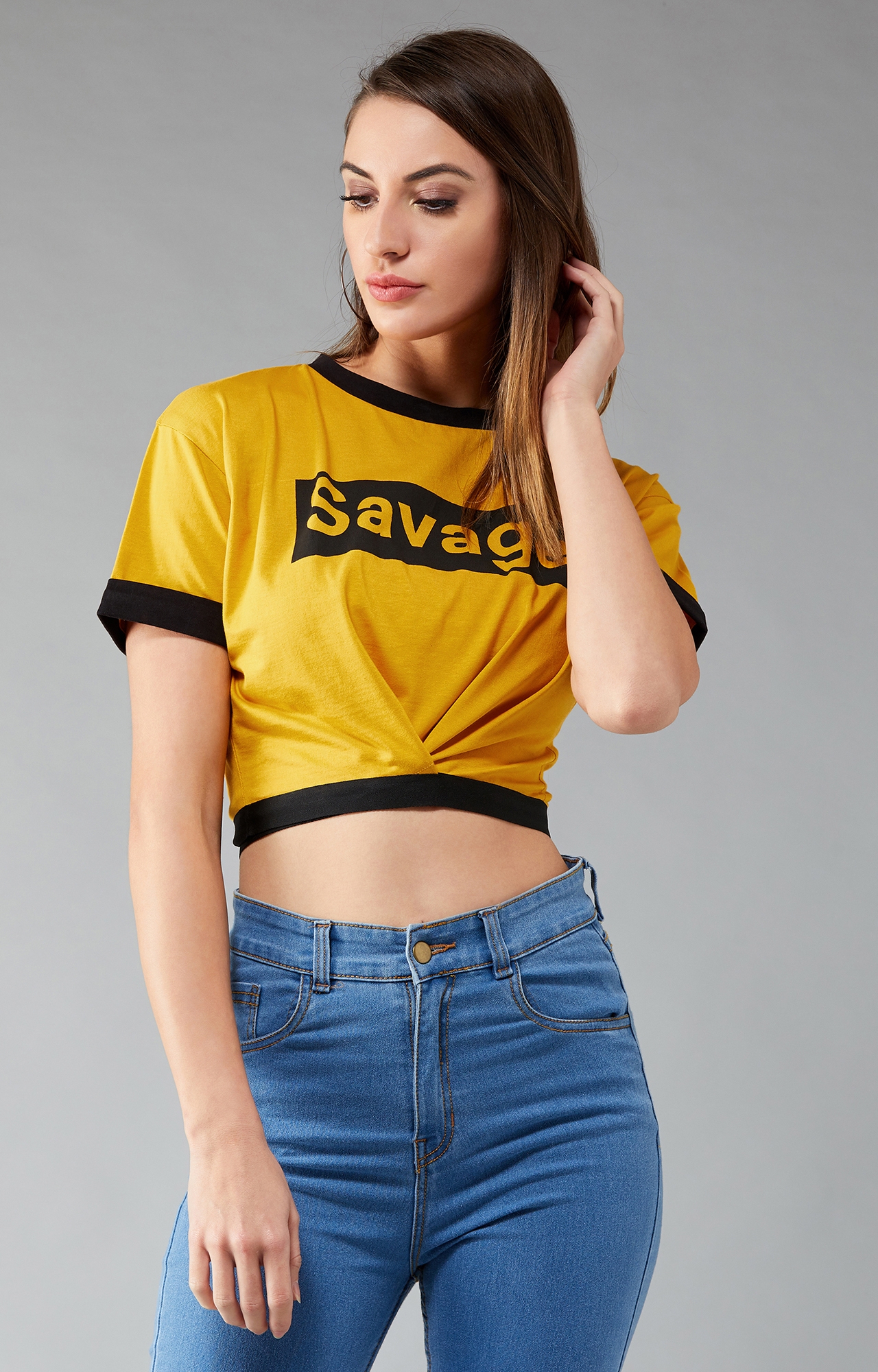 Women's Mustard and Black Round Neck Short Sleeve Printed Cropped T-Shirt