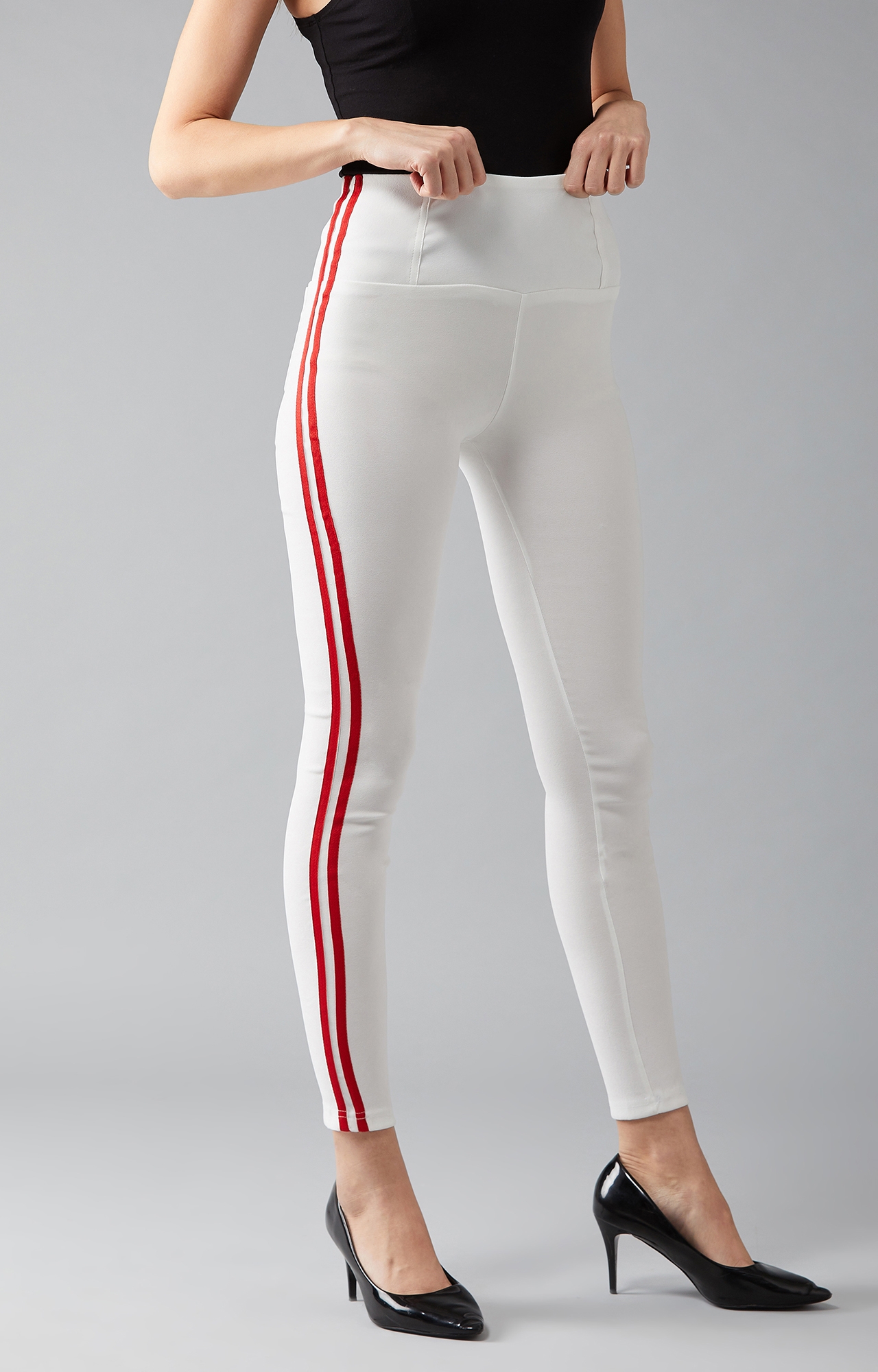 Dolce Crudo | Women's White Solid Red Twill Tape Detailing Skinny Knitted High Waist Regular Length Treggings