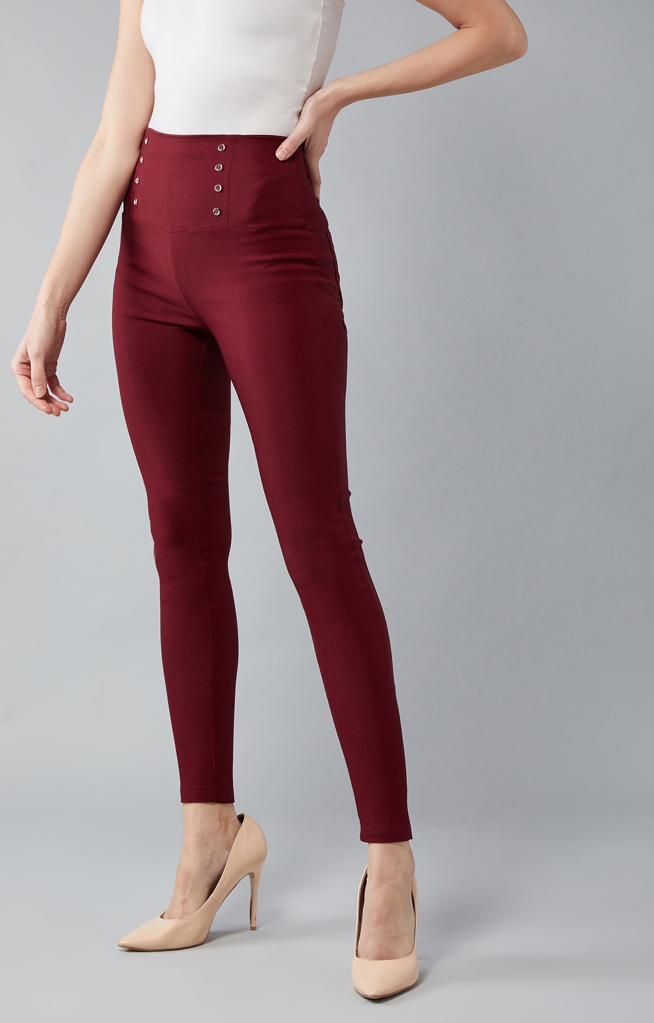 Dolce Crudo | Women's Maroon Solid Skinny Button Detailing High Waist Regular Length Treggings
