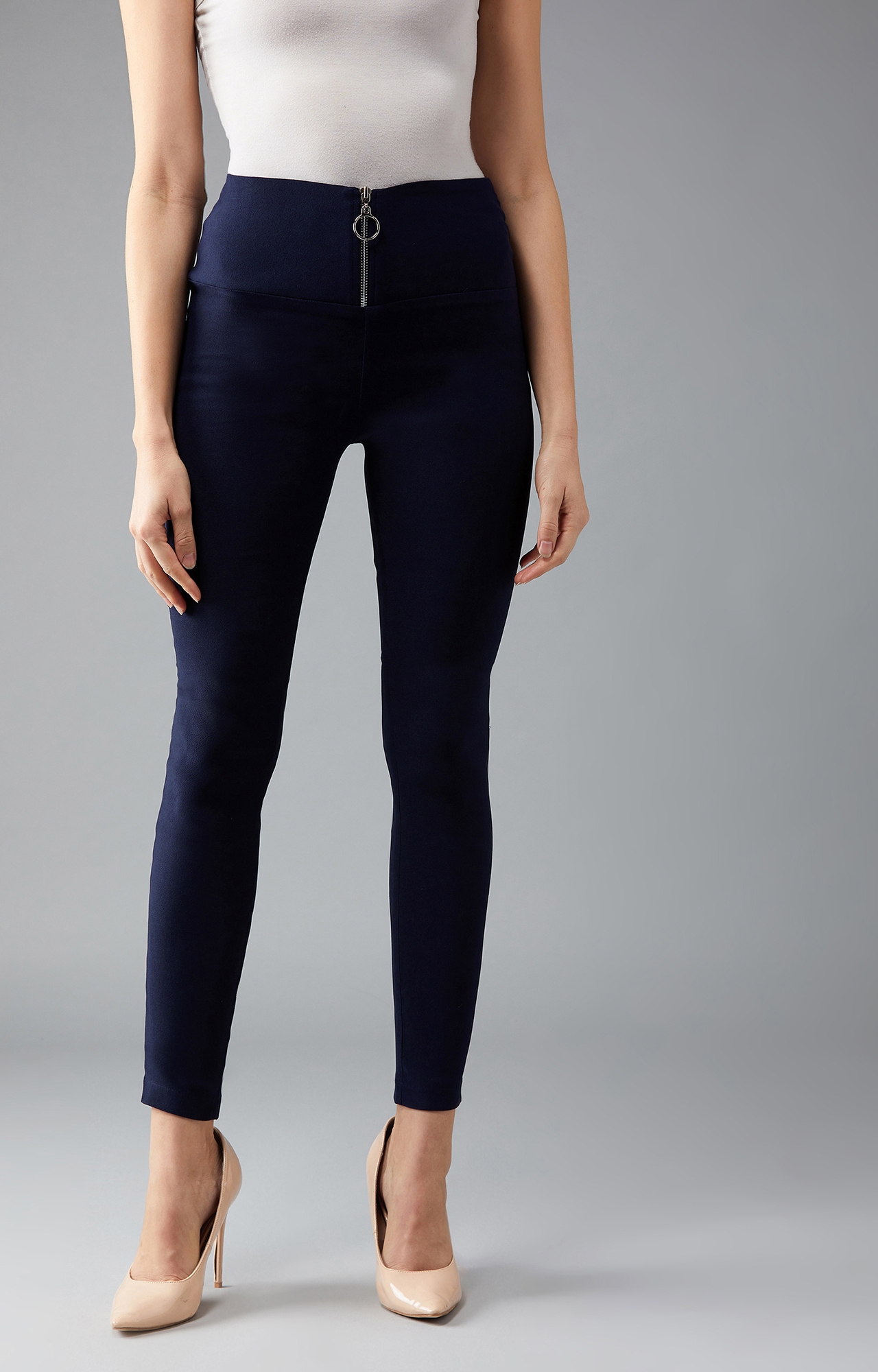 Dolce Crudo | Women's Navy Blue Solid Skinny Zippered High Waist Regular Length Treggings