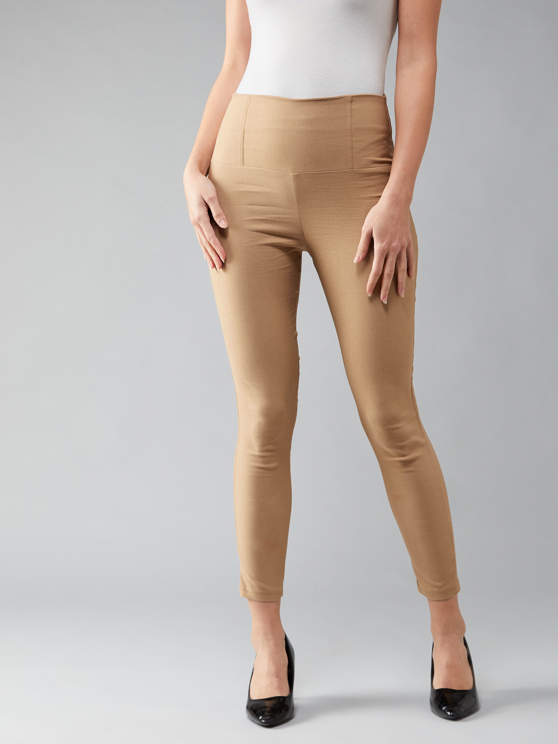 Women's Beige Solid Skinny High Waist Regular Length Slim Fit Treggings