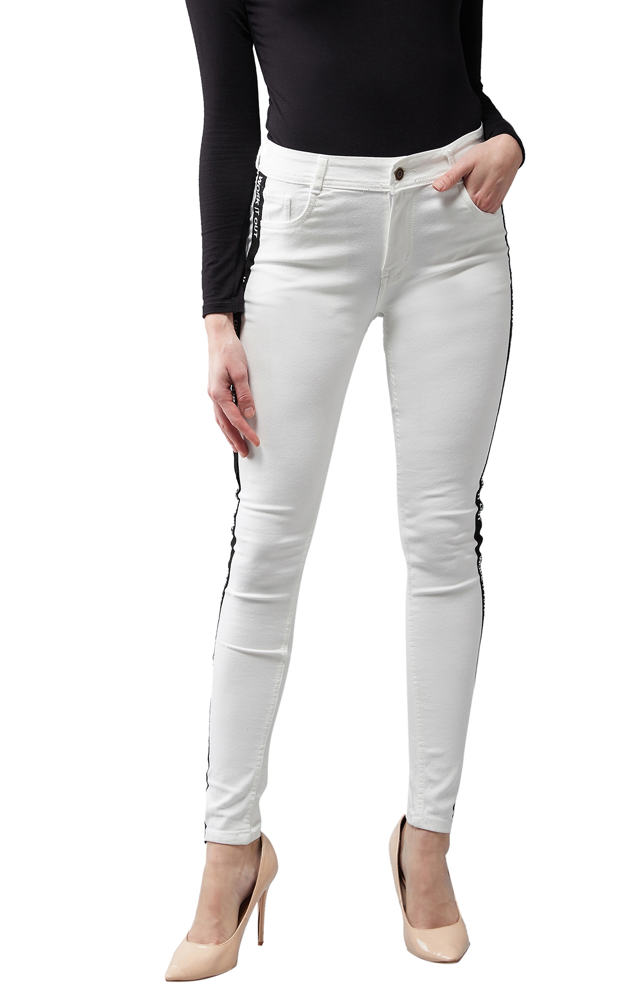 Women's White Skinny Mid Rise Clean Look Printed Twill Tape Detailing Bleached Regular Length Stretchable Denim Jeans