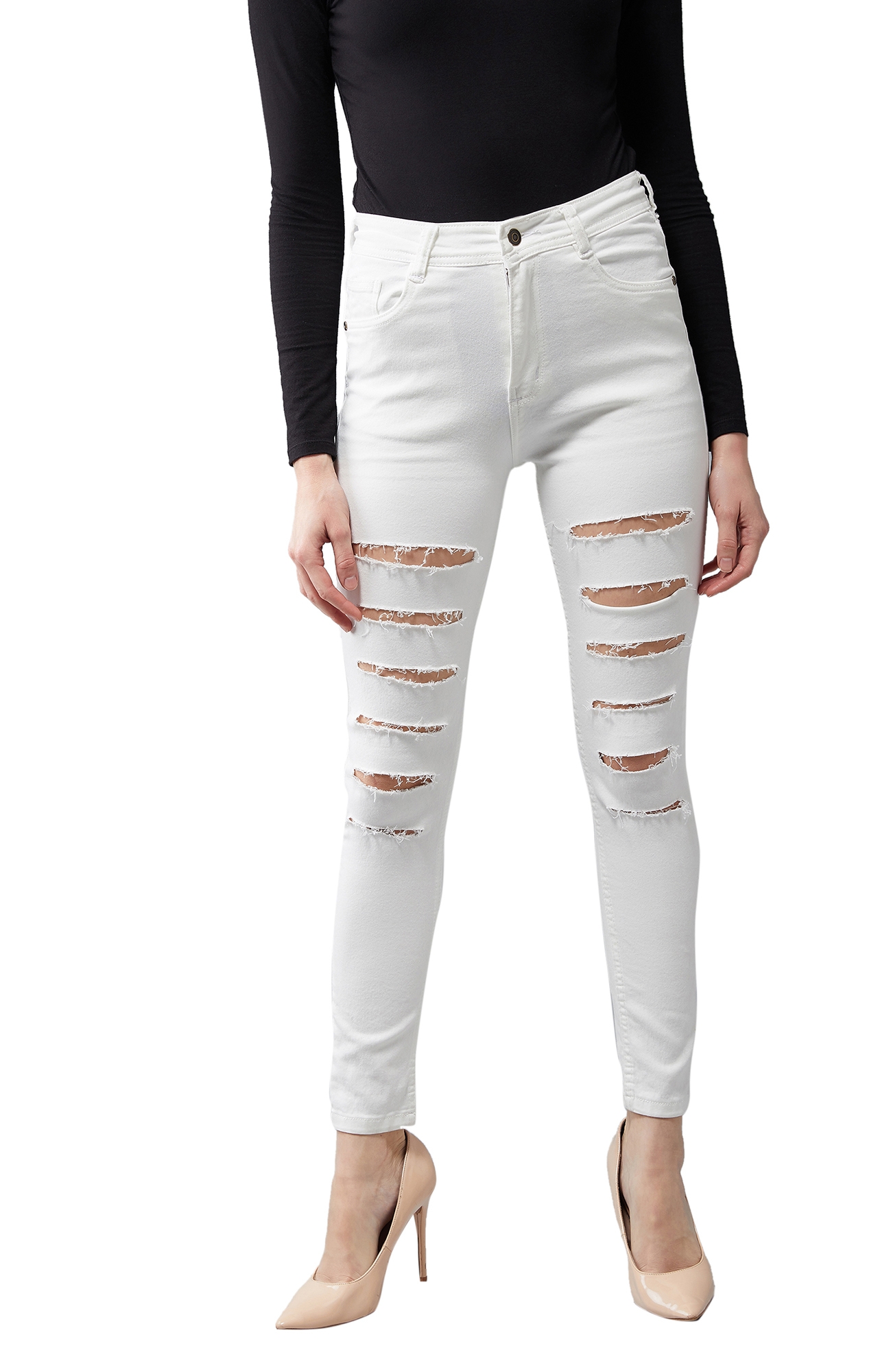 Dolce Crudo | Women's White Skinny High Rise Ripped Regular length Stretchable Denim Jeans