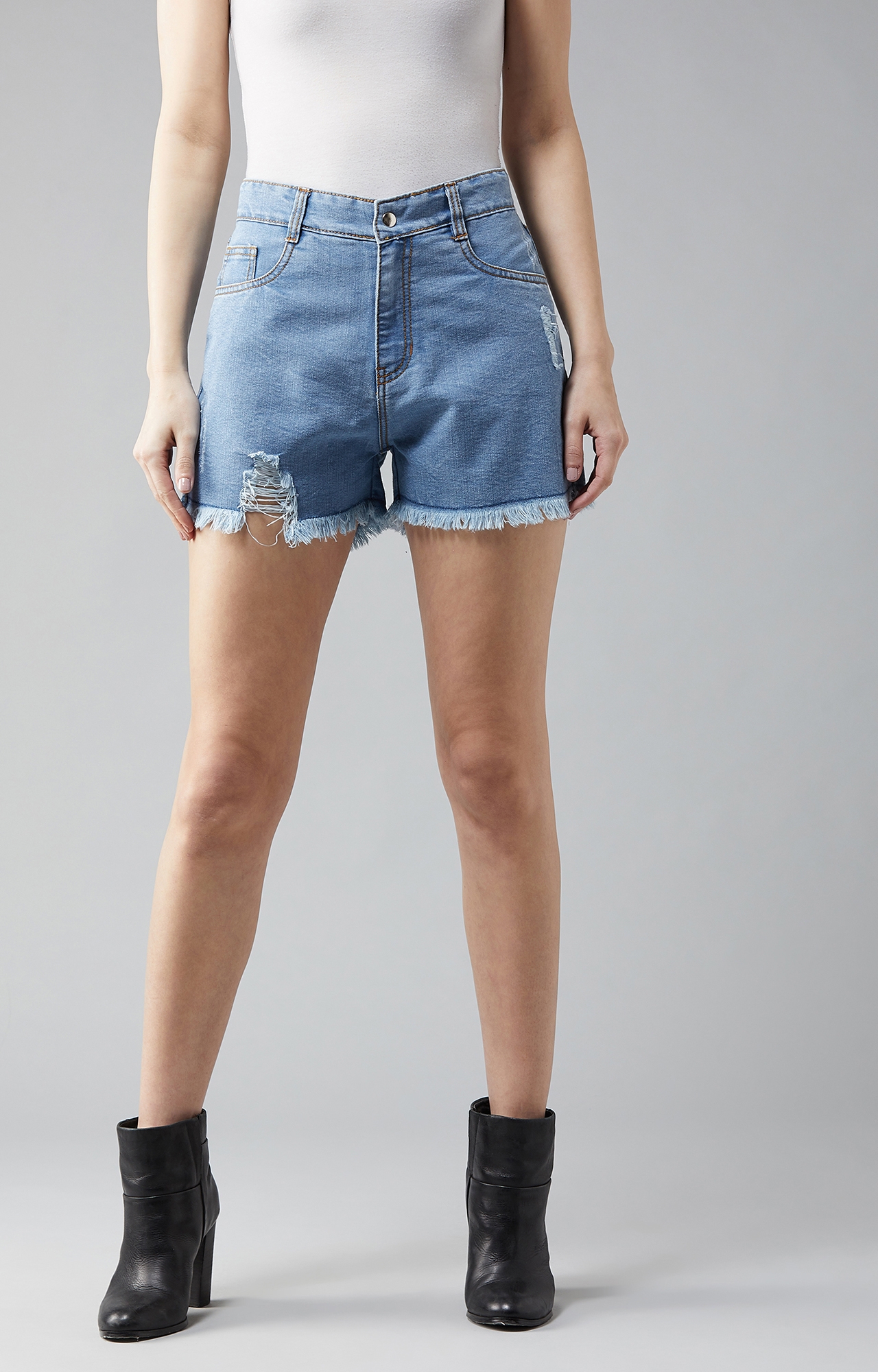 Women's Blue Relaxed Fit Highly Distressed Mid Rise Ripped Denim Shorts