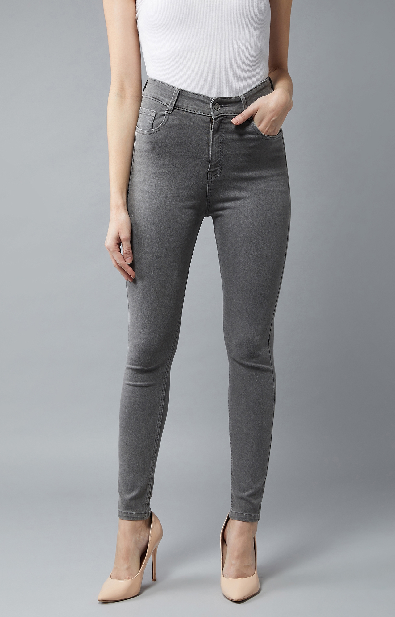 Dolce Crudo | Women's Grey Skinny High Rise Clean Look Regular Stretchable Denim Jeans