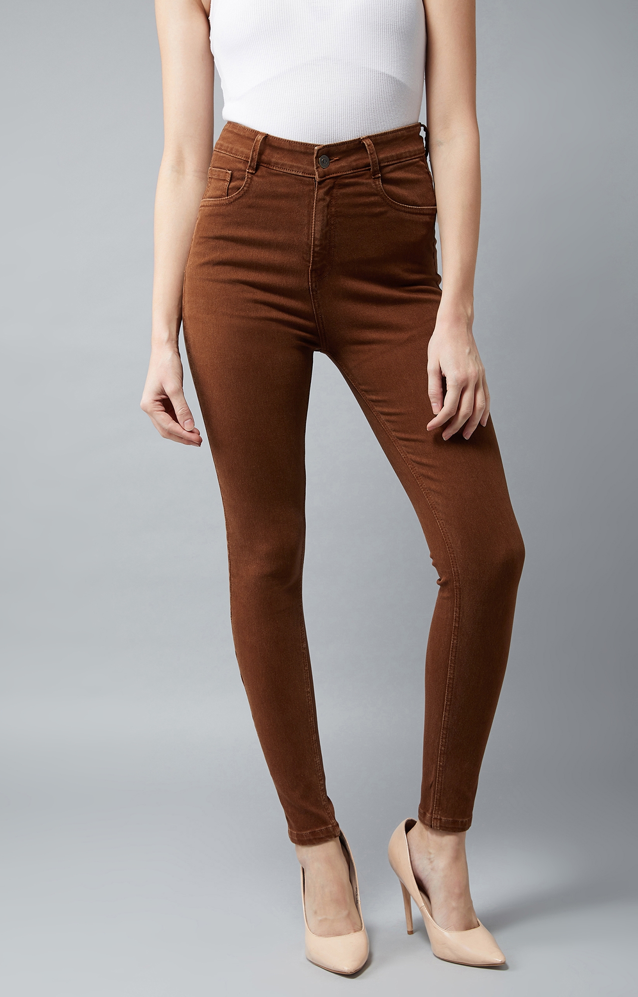 Women's Brown Skinny High Rise Clean Look Regular Stretchable Denim Jeans