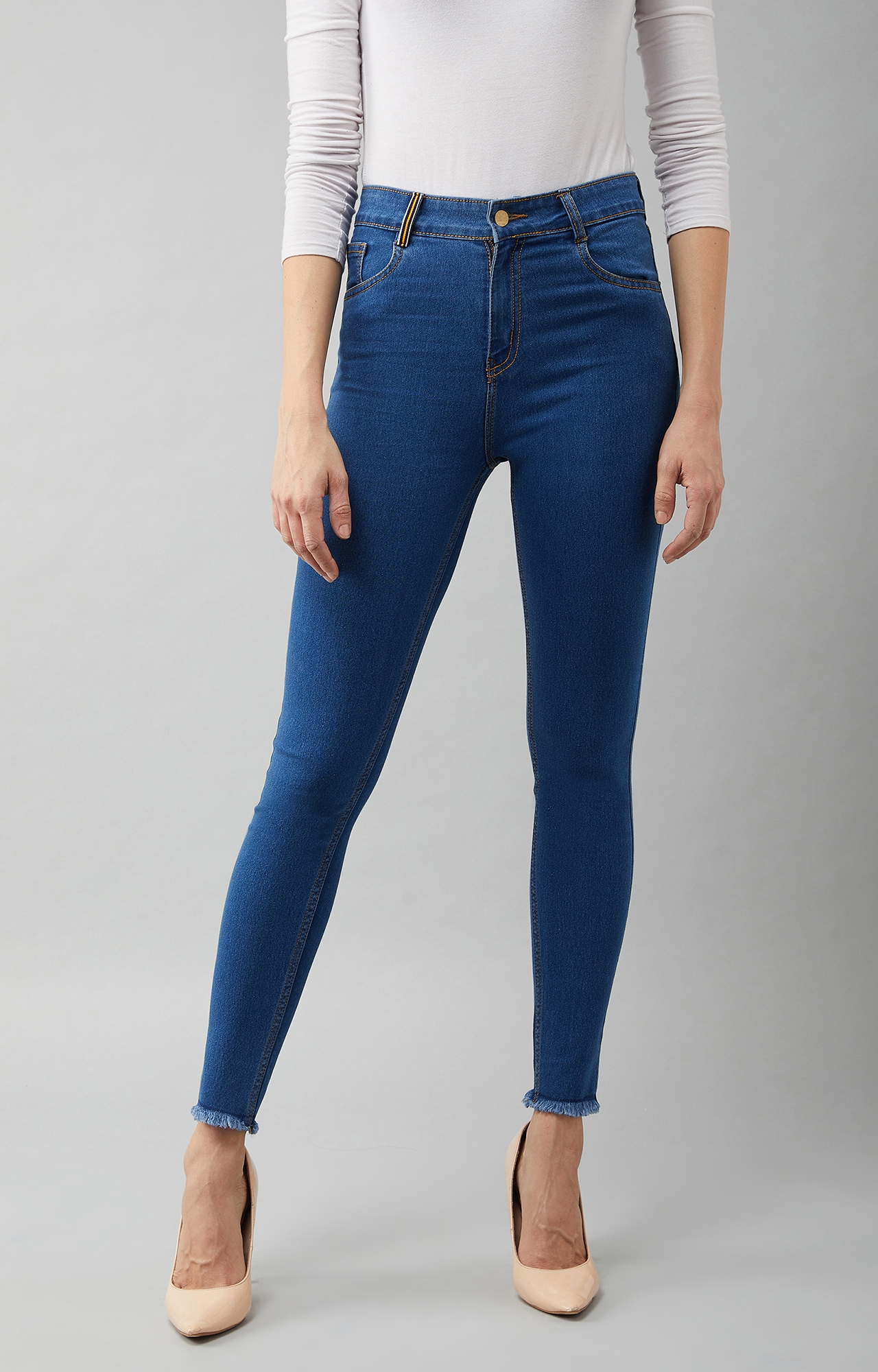 Women's Blue Skinny Fit High Rise Cropped Denim Stretchable Jeans