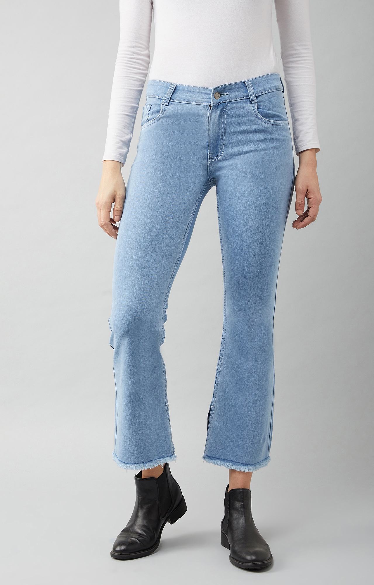 Dolce Crudo | Women's Light Blue Bootcut High Rise Cropped Denim Stretchable Jeans