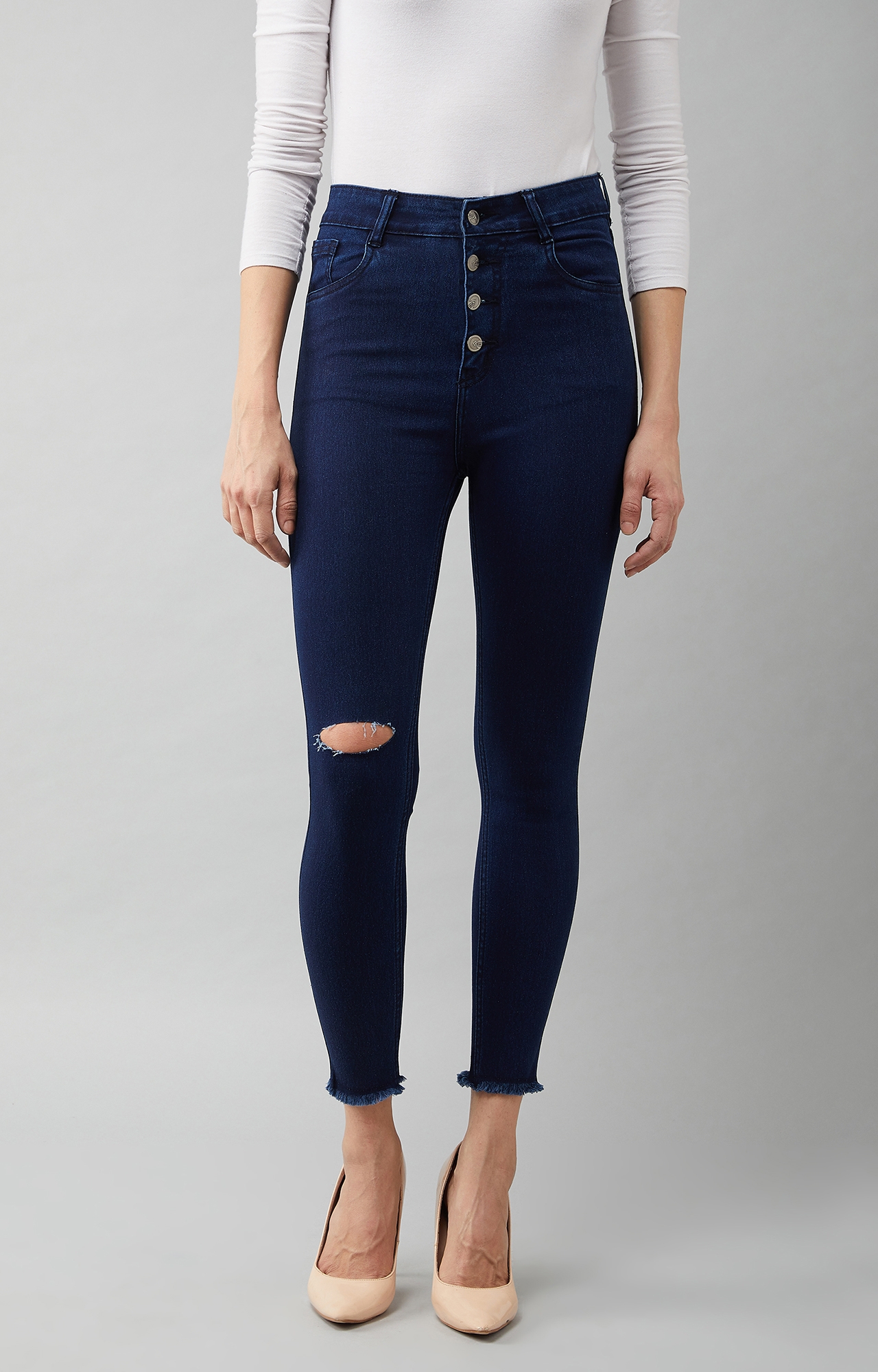 Dolce Crudo | Women's Navy Blue Cotton Skinny Fit Cropped High Rise Stretchable Denim Jeans
