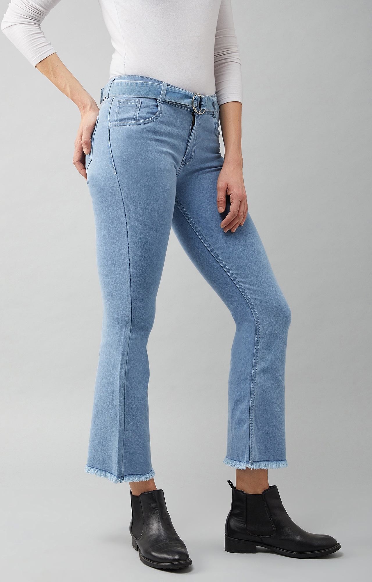 Dolce Crudo | DOLCE CRUDO Women's Light Blue Cotton Bootcut Cropped High Rise Stretchable Denim Jeans