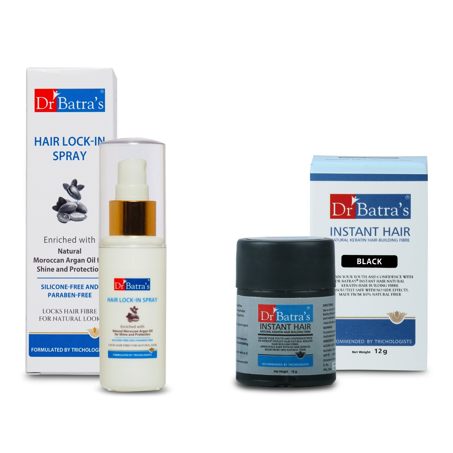 Dr Batra's | Dr Batra's Instant Hair Natural Keratin Hair Building Fibre - Black - 12 gm and PRO+ Lock-In Spray - 50 ml (Pack of 2)