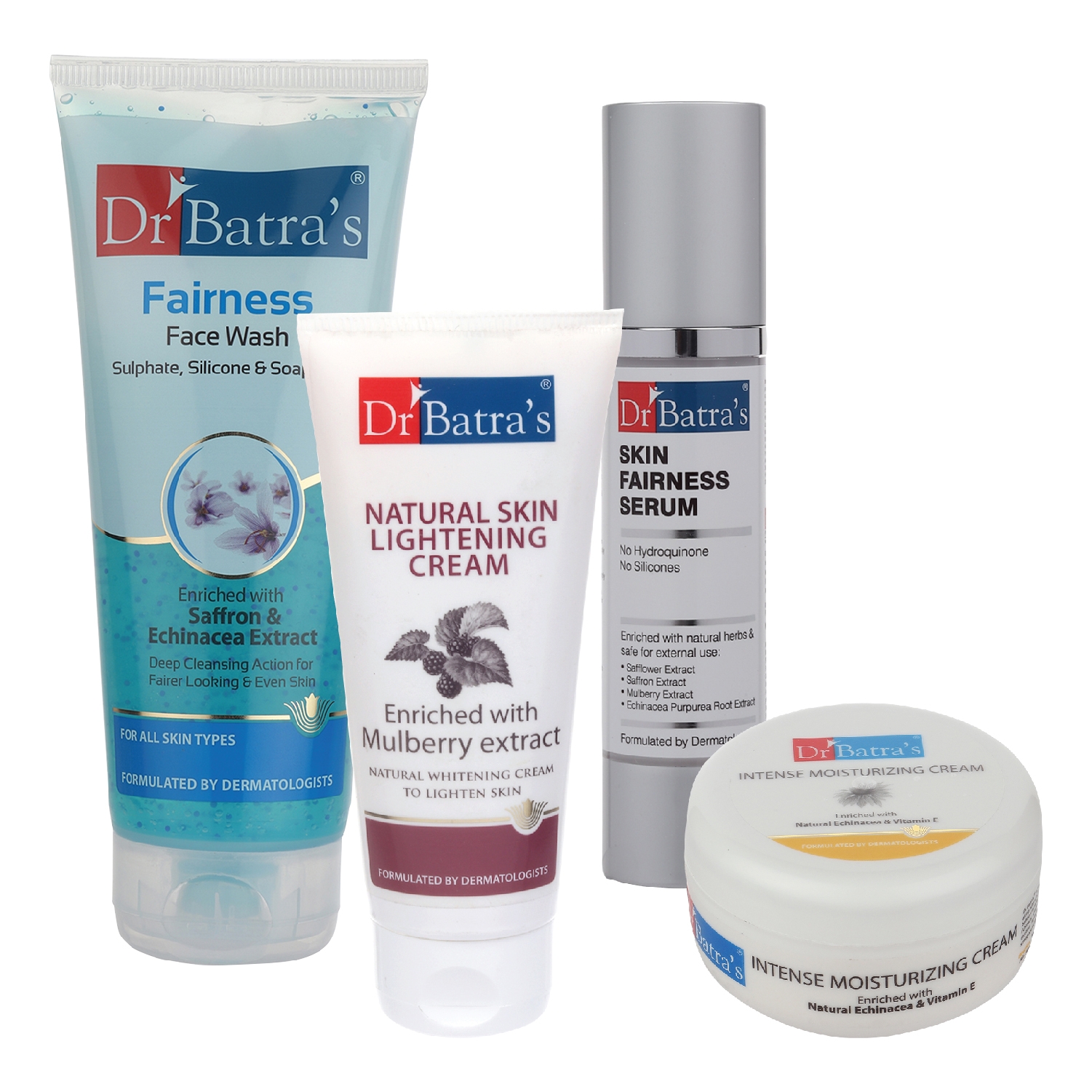 Dr Batra's | Dr Batra's Skin Fairness Serum - 50 G, Fairness Face Wash 200 gm, Natural Skin Lightening Cream - 100 gm and Intense Moisturizing Cream -100 G (Pack of 4)