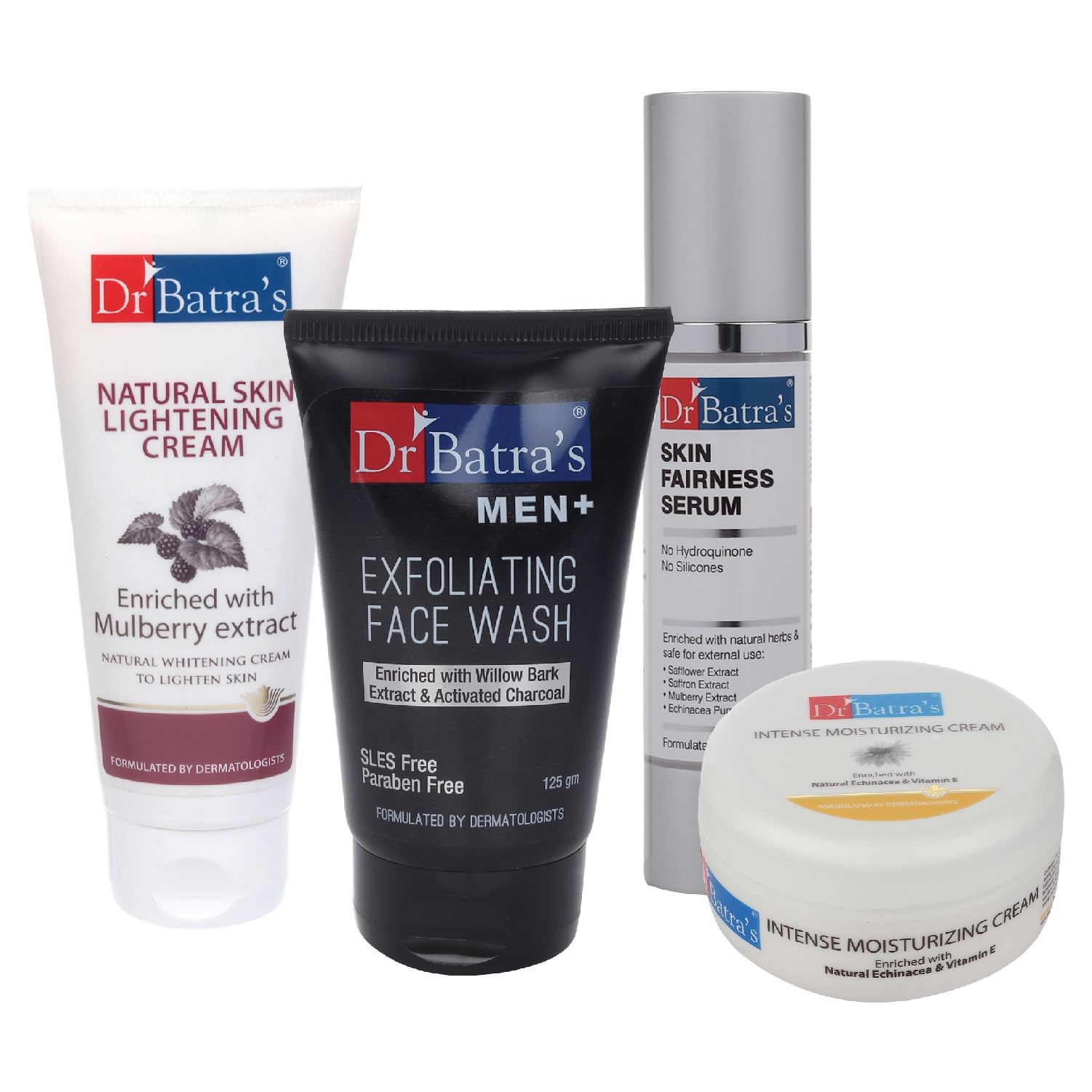 Dr Batra's | Dr Batra's Skin Fairness Serum - 50 G, Men+ Exfoliating Face Wash - 125 G,Natural Skin Lightening Cream - 100 gm and Intense Moisturizing Cream -100 G (Pack of 4)
