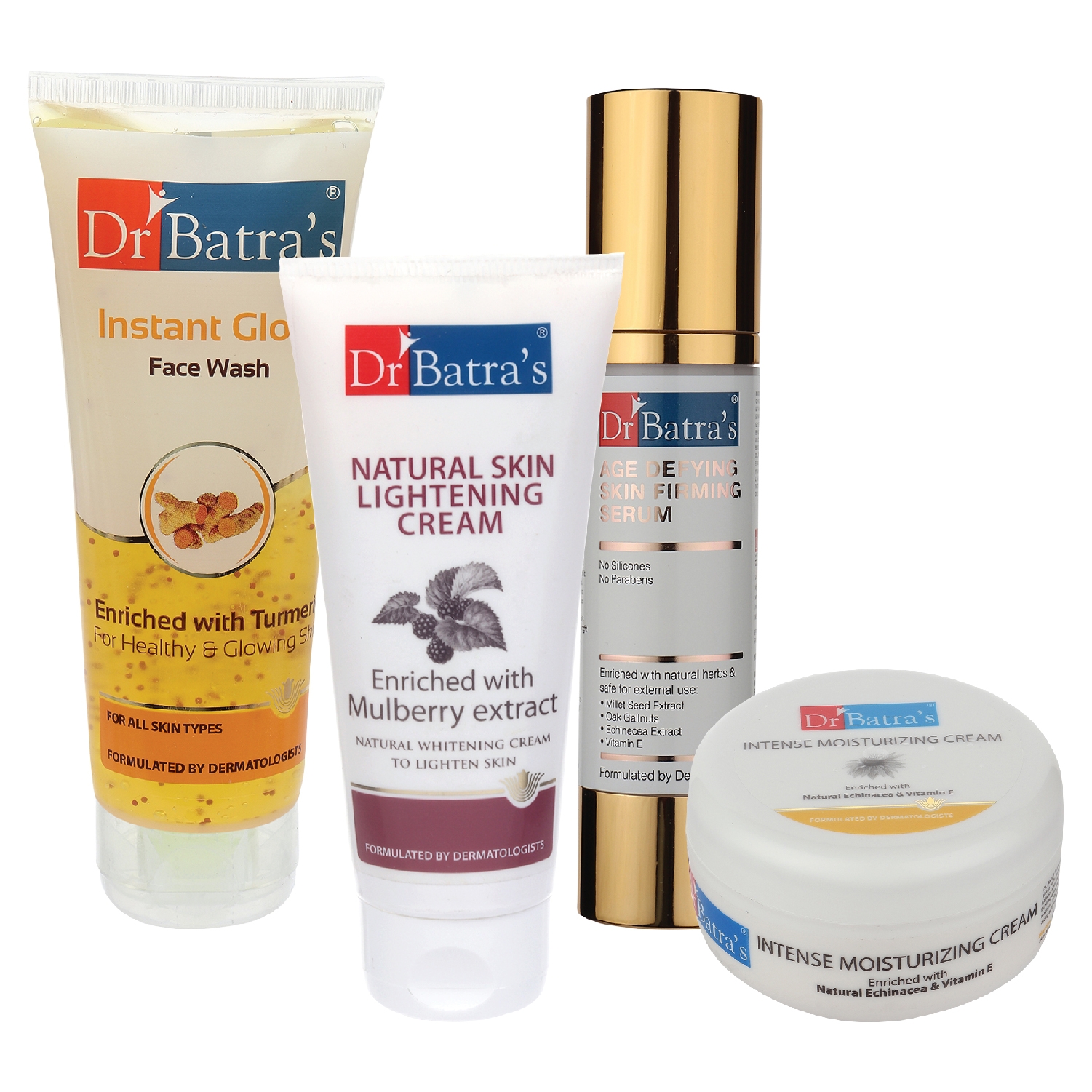 Dr Batra's | Dr Batra's Age Defying Skin Firming Serum - 50 G, Face Wash Instant Glow - 100 gm, Natural Skin Lightening Cream - 100 gm and Intense Moisturizing Cream -100 G (Pack of 4)