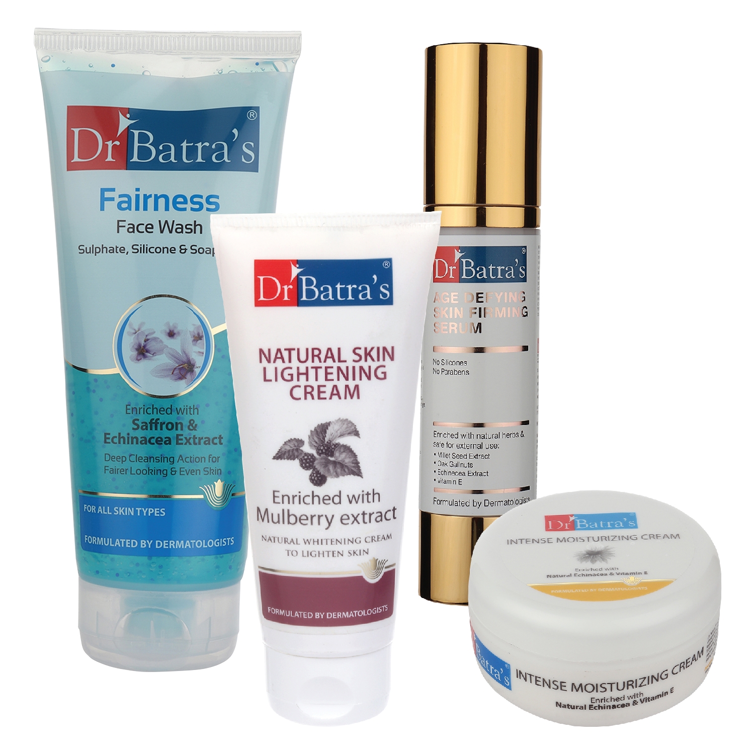 Dr Batra's | Dr Batra's Age Defying Skin Firming Serum - 50 G, Fairness Face Wash 200 gm ,Natural Skin Lightening Cream - 100 gm and Intense Moisturizing Cream -100 G (Pack of 4)