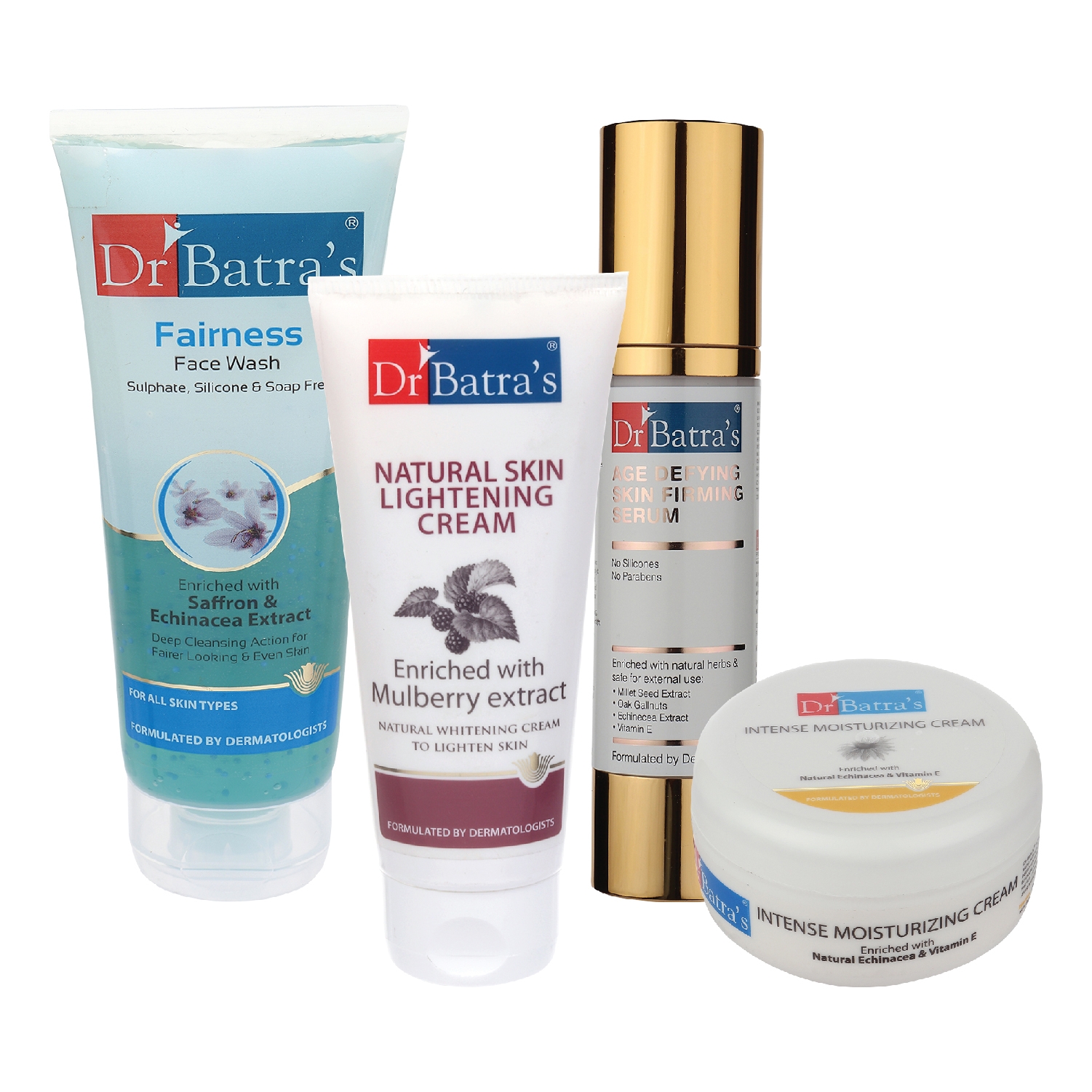 Dr Batra's | Dr Batra's Age Defying Skin Firming Serum - 50 G, Fairness Face Wash 100 gm, Natural Skin Lightening Cream - 100 gm and Intense Moisturizing Cream -100 G (Pack of 4)