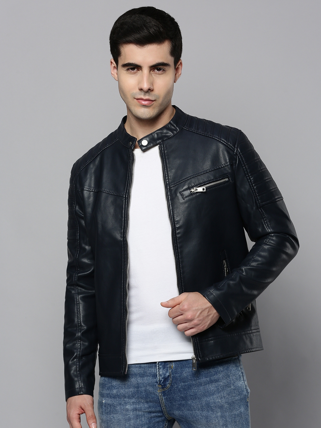 Men's Navy Leather Solid Leather Jackets