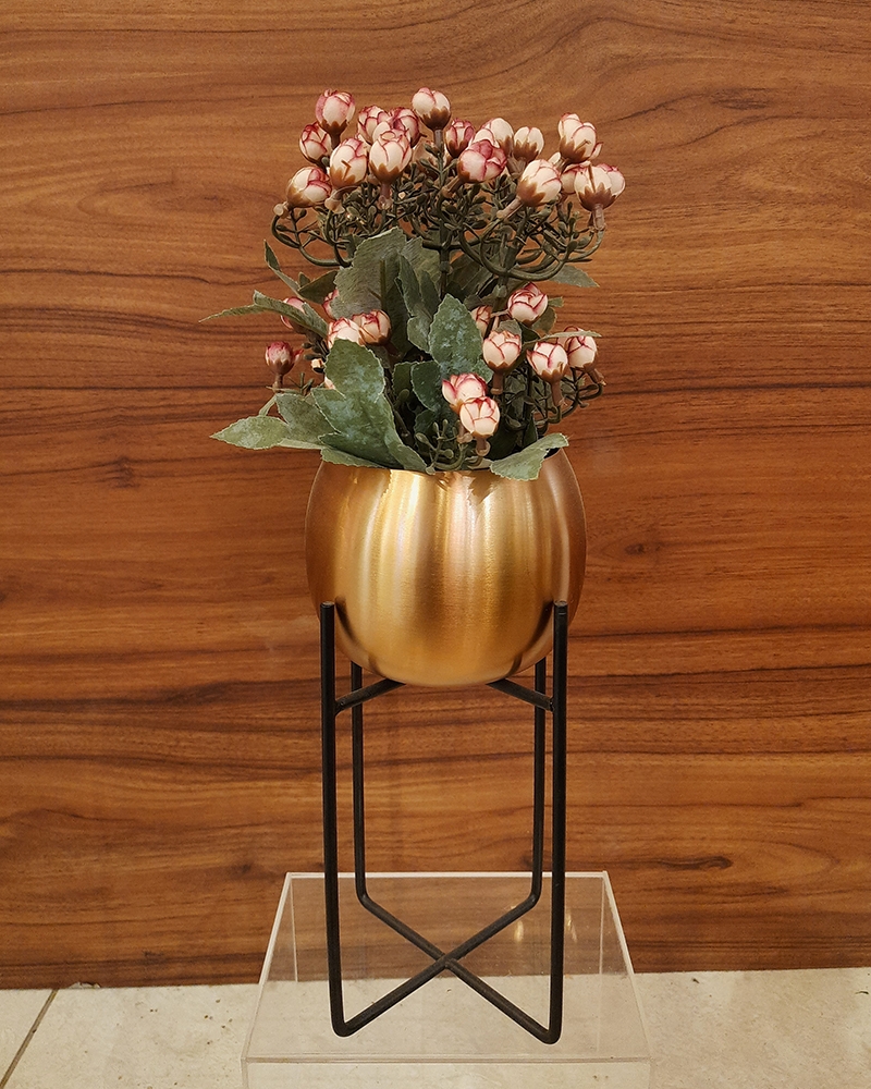 Order Happiness | Order Happiness Black Metal Stand Gold Pot with Colourful Flower For Home Decoration