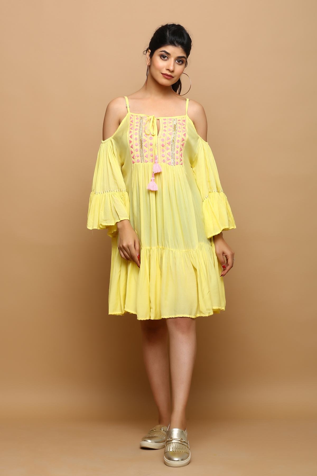 Yellow cold shoulder short dress
