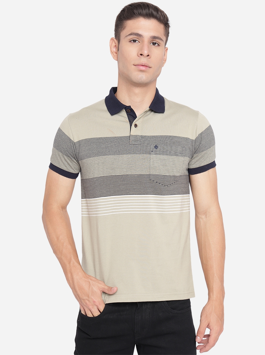 Grey Striped Slim Fit Polo T-Shirt | Greenfibre