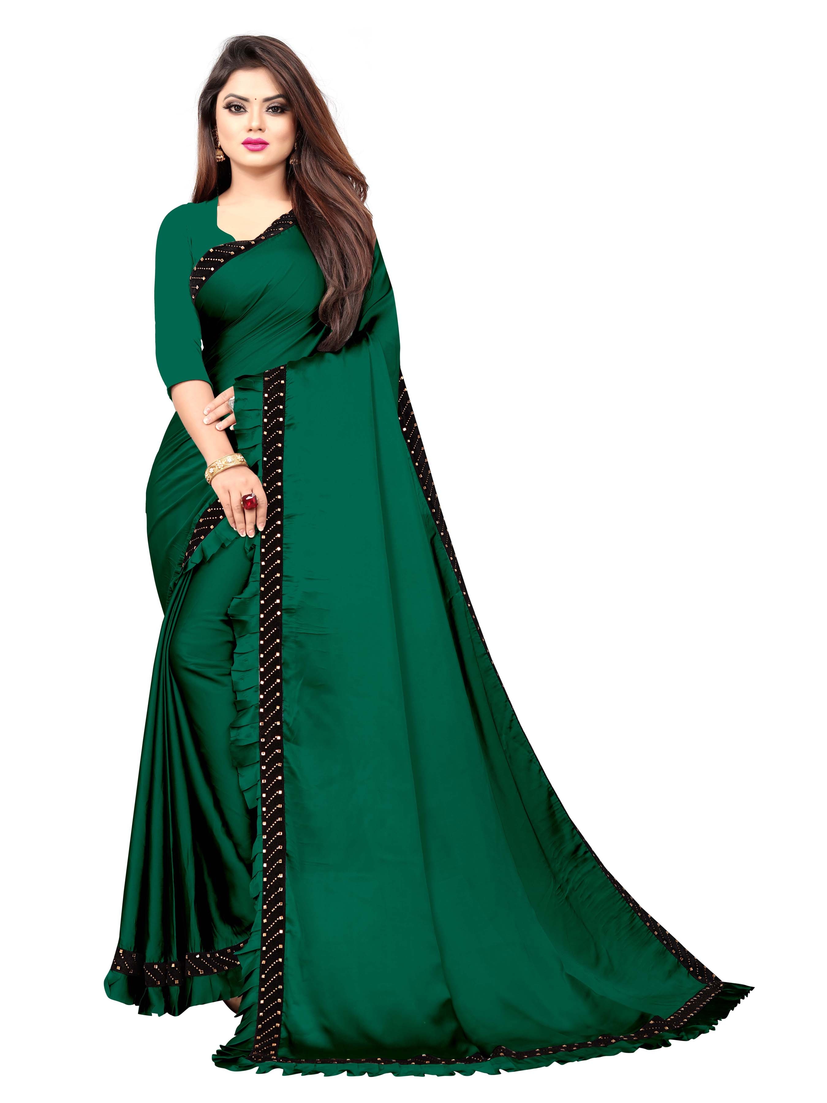 Awriya Women'S Silk Ruffle Saree With Diamond Work - Pencil Bottle Green