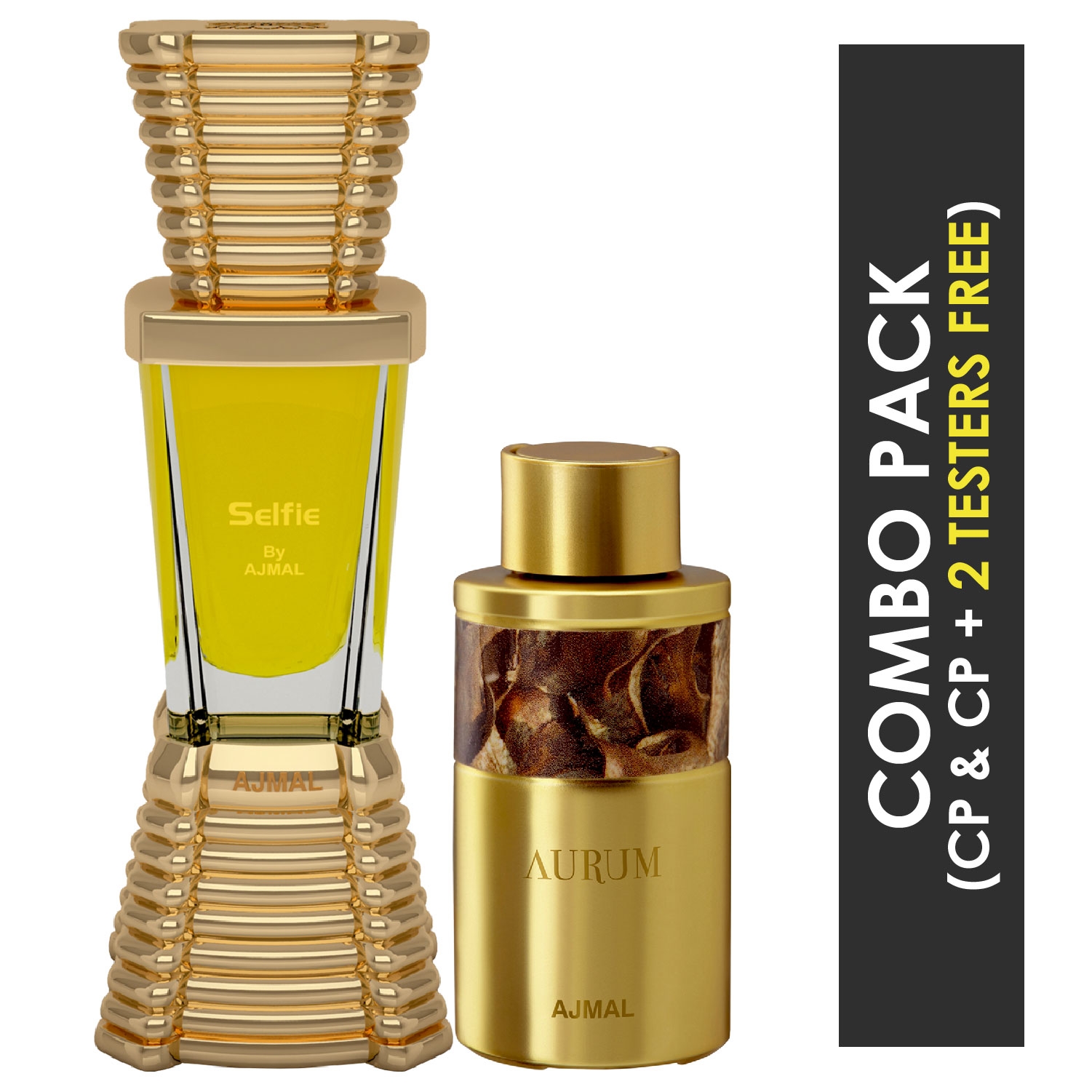 Ajmal | Ajmal Selfie Concentrated Perfume Oil Woody Aromatic Alcohol-free Attar 10ml for Men and Aurum Concentrated Perfume Oil Fruity Floral Alcohol-free Attar 10ml for Women + 2 Parfum Testers FREE