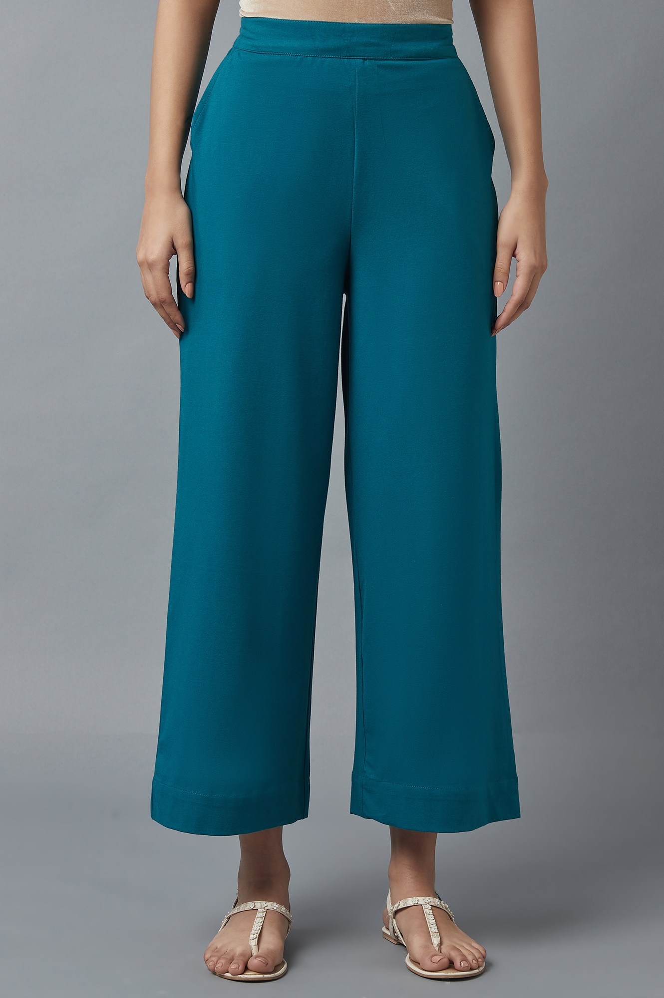 Teal Cotton Lycra Straight Palazzo