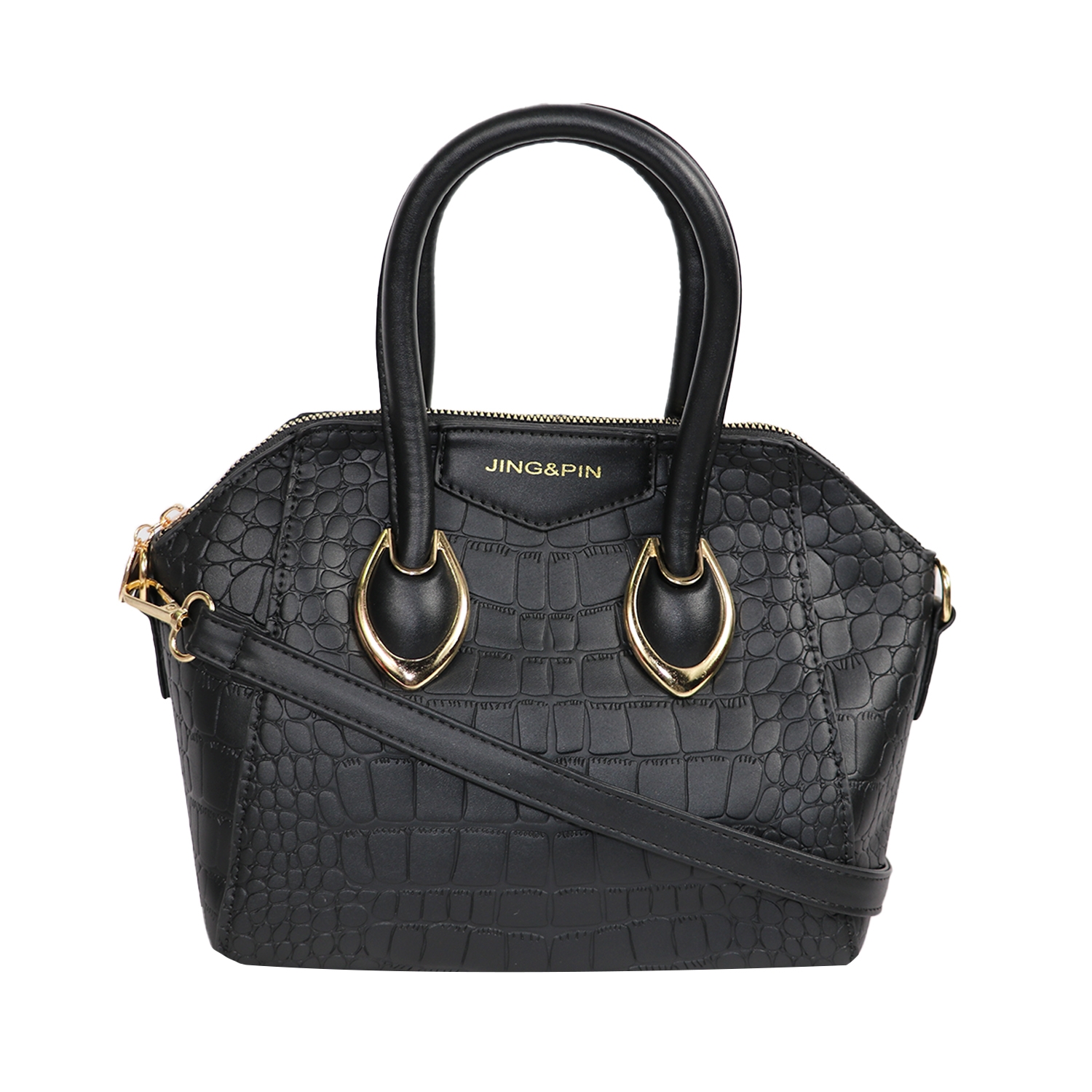 EMM | Crocodile Textured Black Leather Shoulder Bag