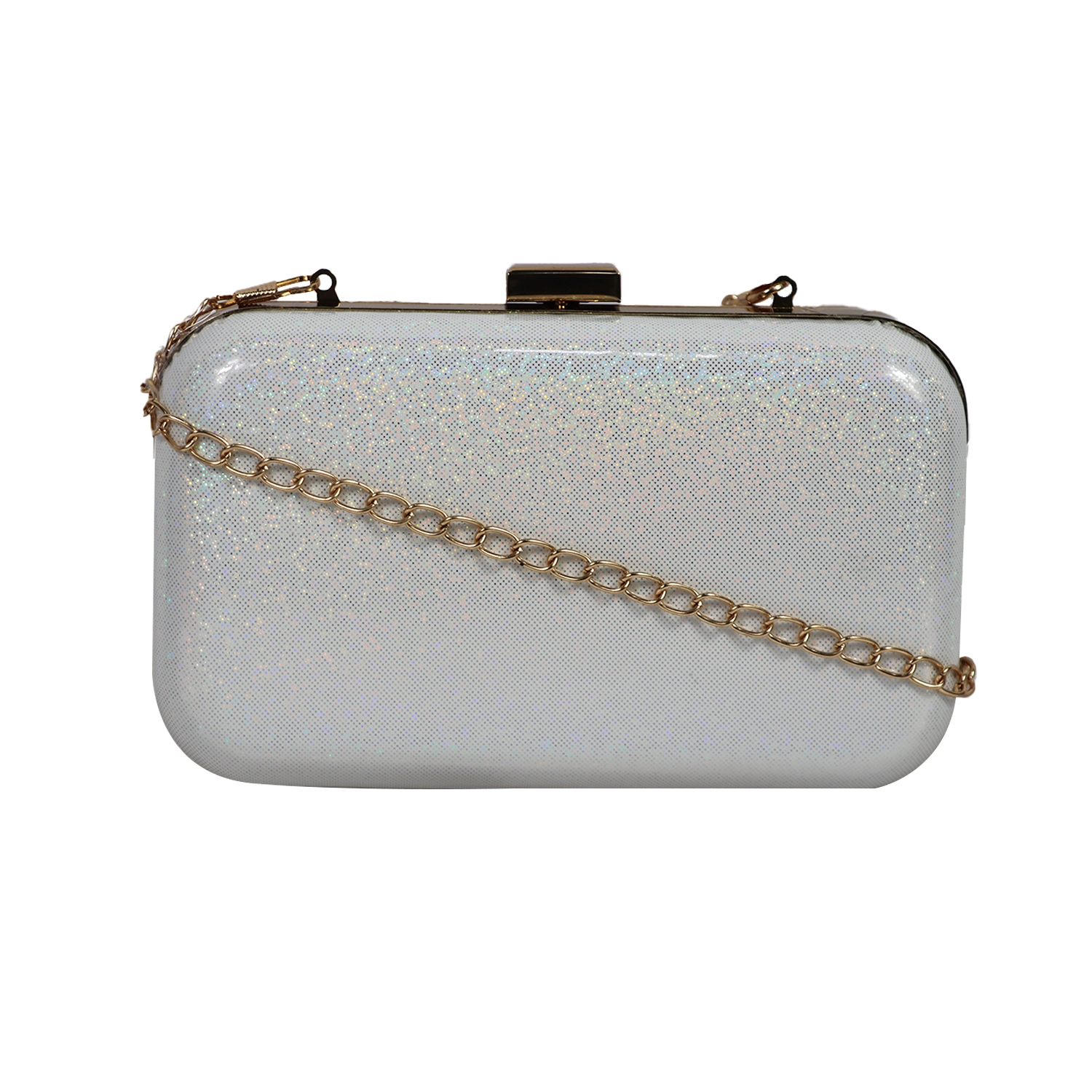 Cream Shimmer Box Clutch with Chain Strap