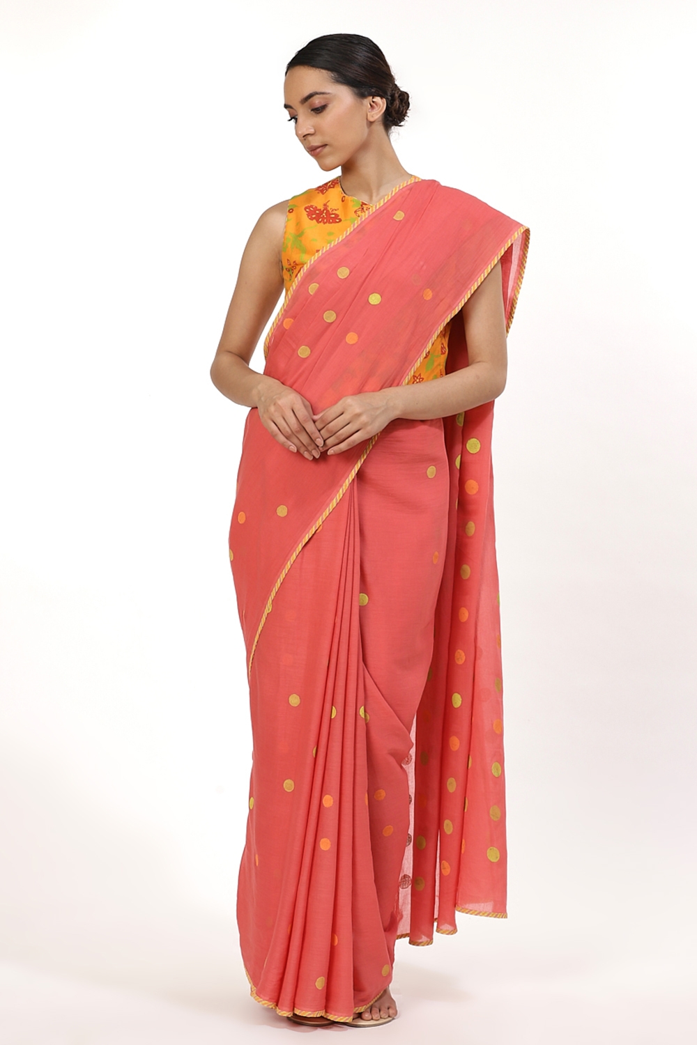 ABRAHAM AND THAKORE | Pink Multicolor Dot Print Cotton Voile Saree