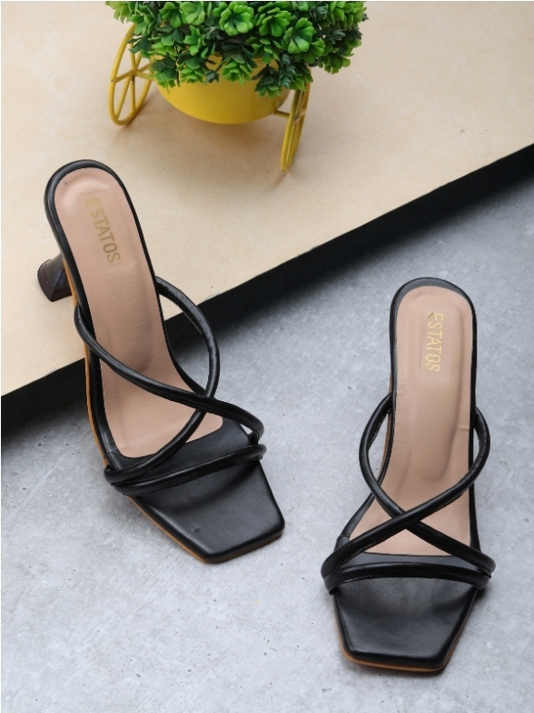 Estatos Kitten Heels Crossed Strap Black Sandals for Women (P29V104)