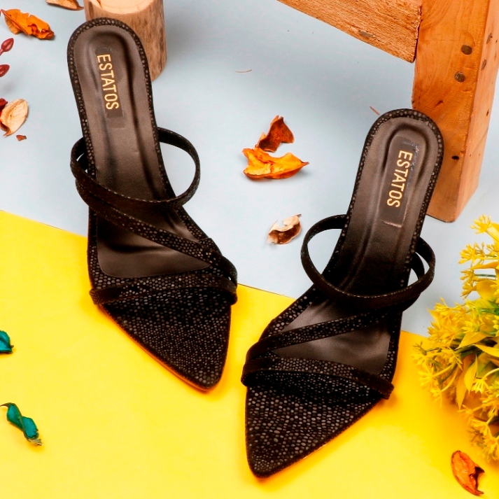Estatos Kitten Heels Black Color Women Sandals (P2V1146)