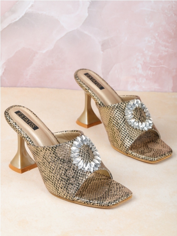 Estatos PU Pointed Heels Gold Color Sandals for Women