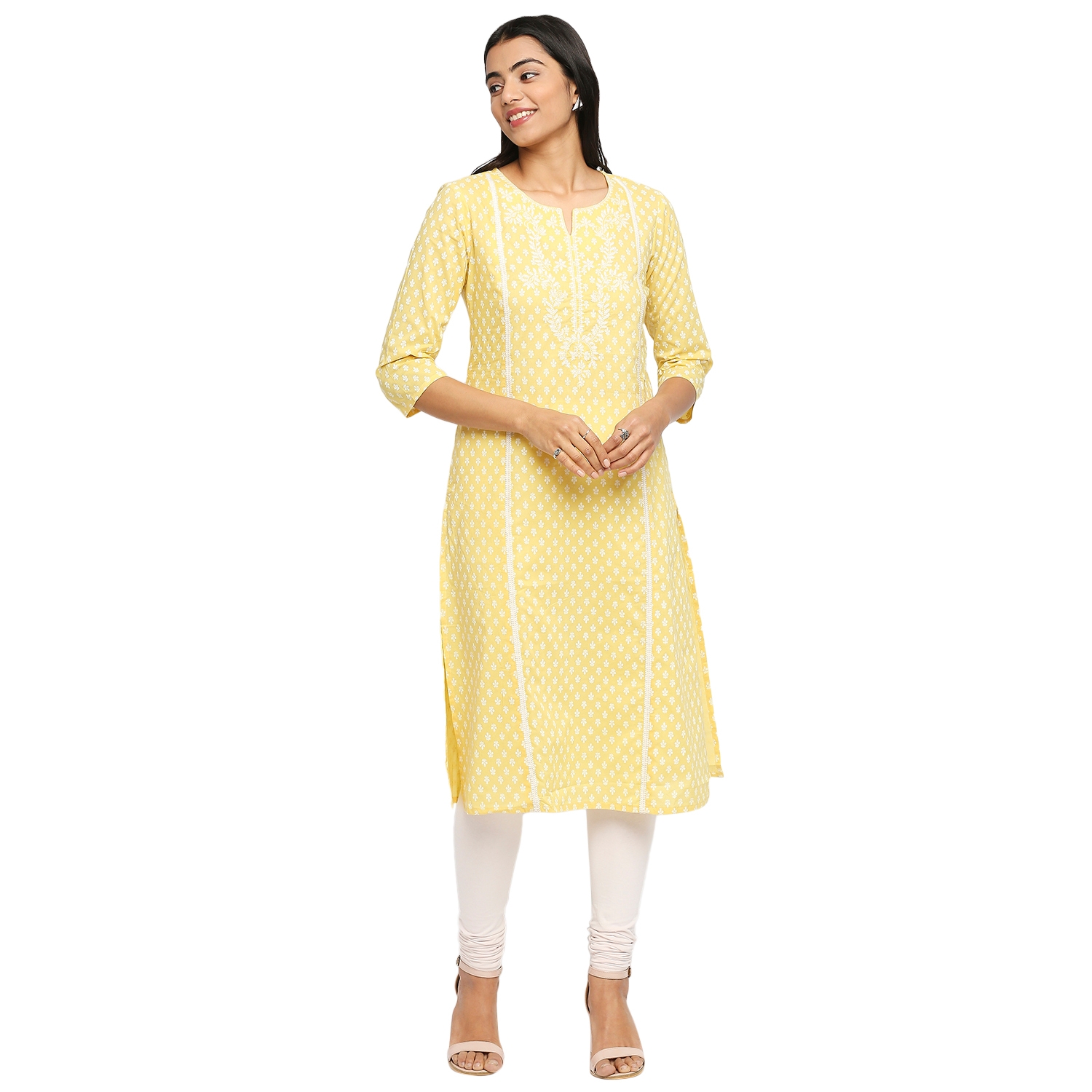 Ethnicity | Ethnicity Women Cambric Three-Fourth Sleeves Yellow Kurta - L