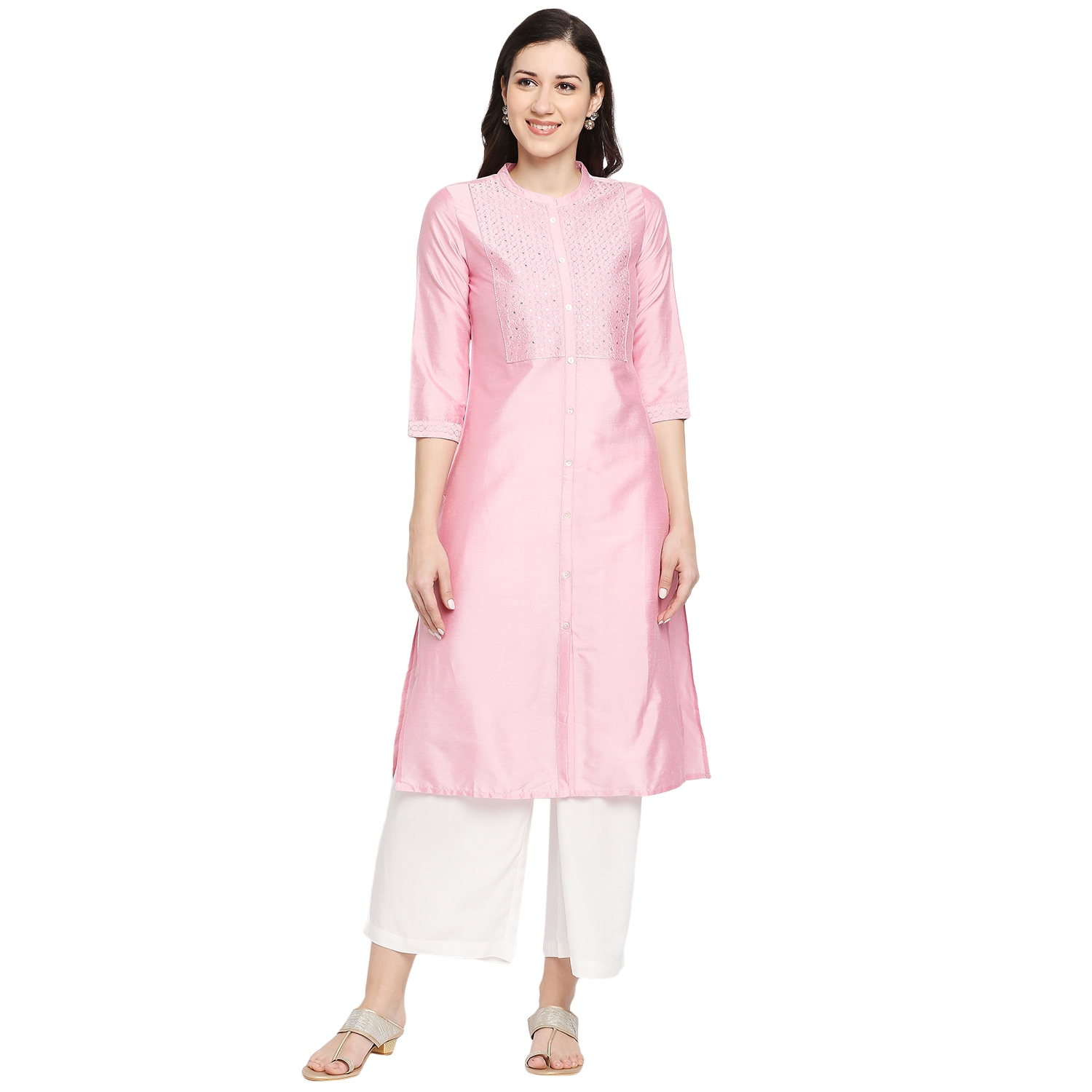 Ethnicity | Ethnicity Ladies Ethnicwear Regular Fit Embroidery Viscose Core Kurta | Pink- L