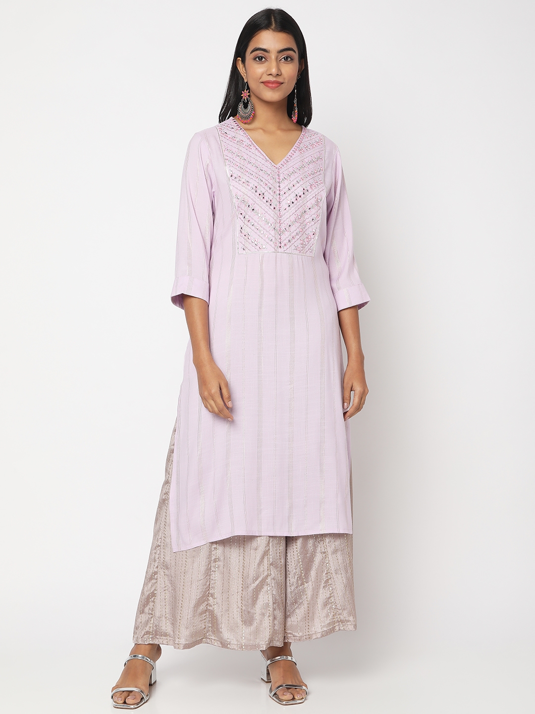 Ethnicity Women's Purple Polyester Viscose Embroidered Kurta | XS
