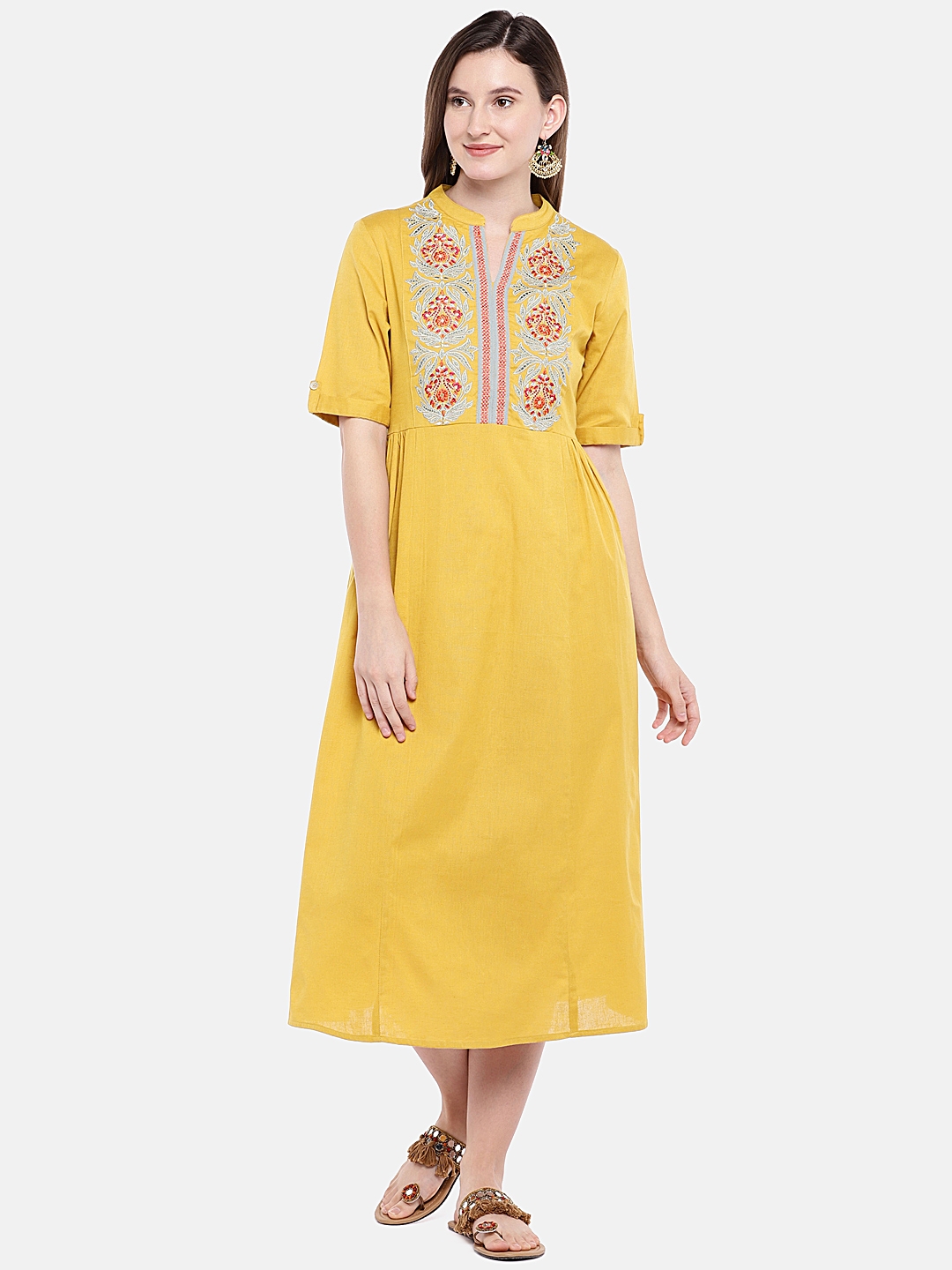 Ethnicity | Ethnicity Mustard Cotton Flax Women Dress