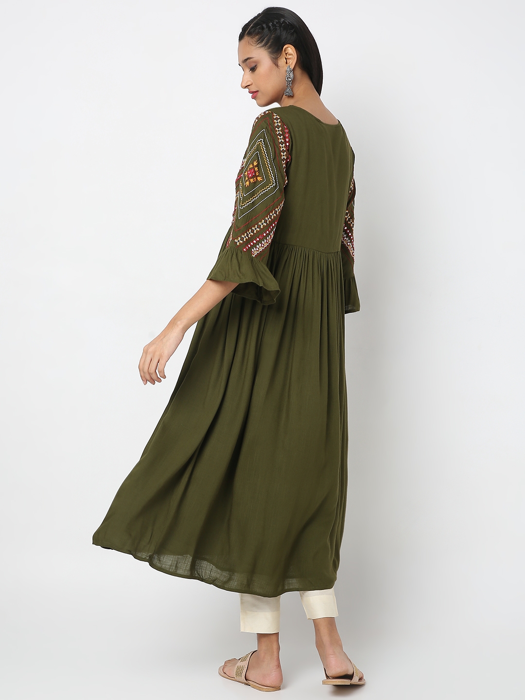 Ethnicity Women's Green Viscose Rayon Embroidered Kurta | XS